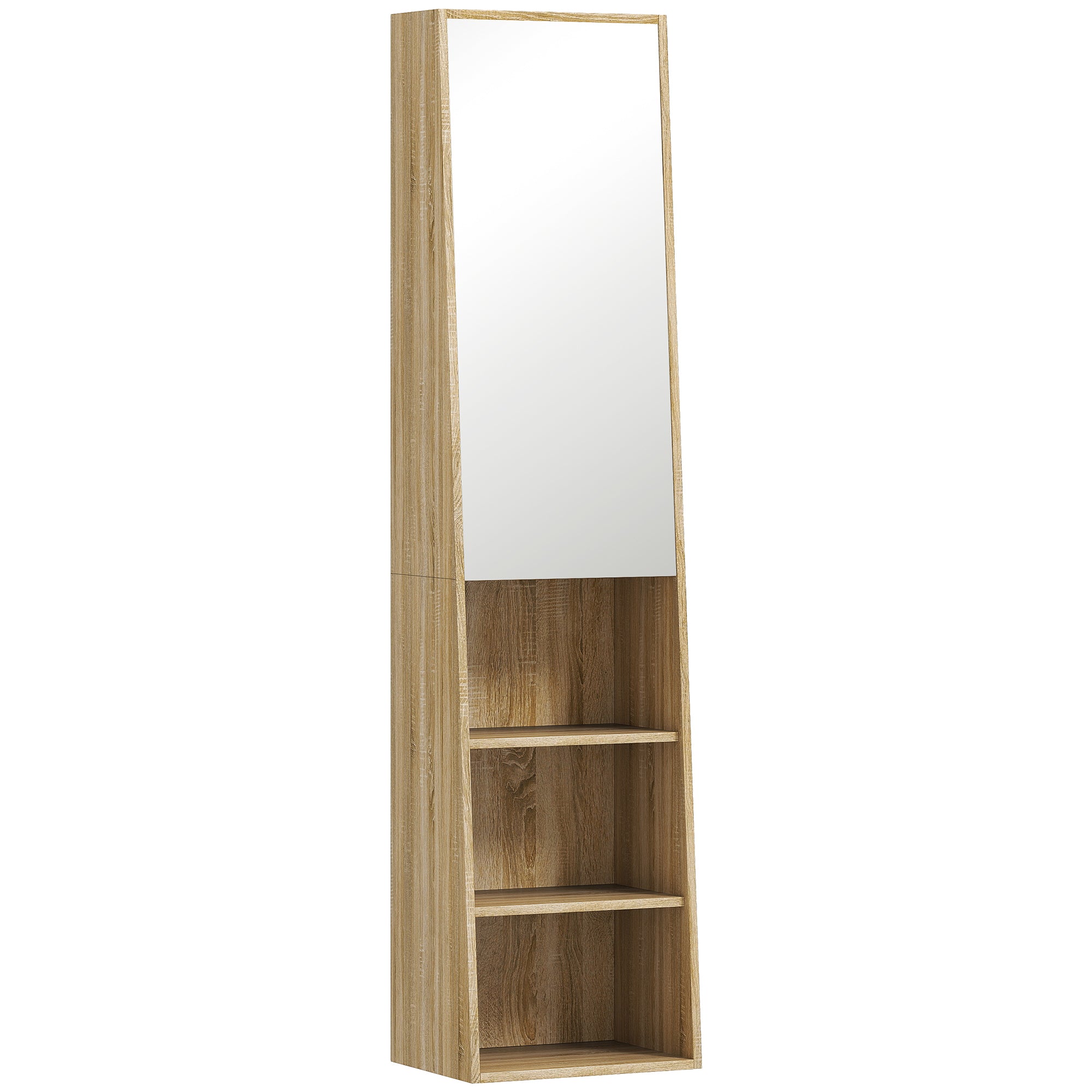 Meuble salle de bain colonne meuble de rangement trapézoïdal mince avec porte en miroir, étagère à 6 niveaux, armoire salle de bain pour petits espaces, 40 x 30 x 165 cm, bois naturel
