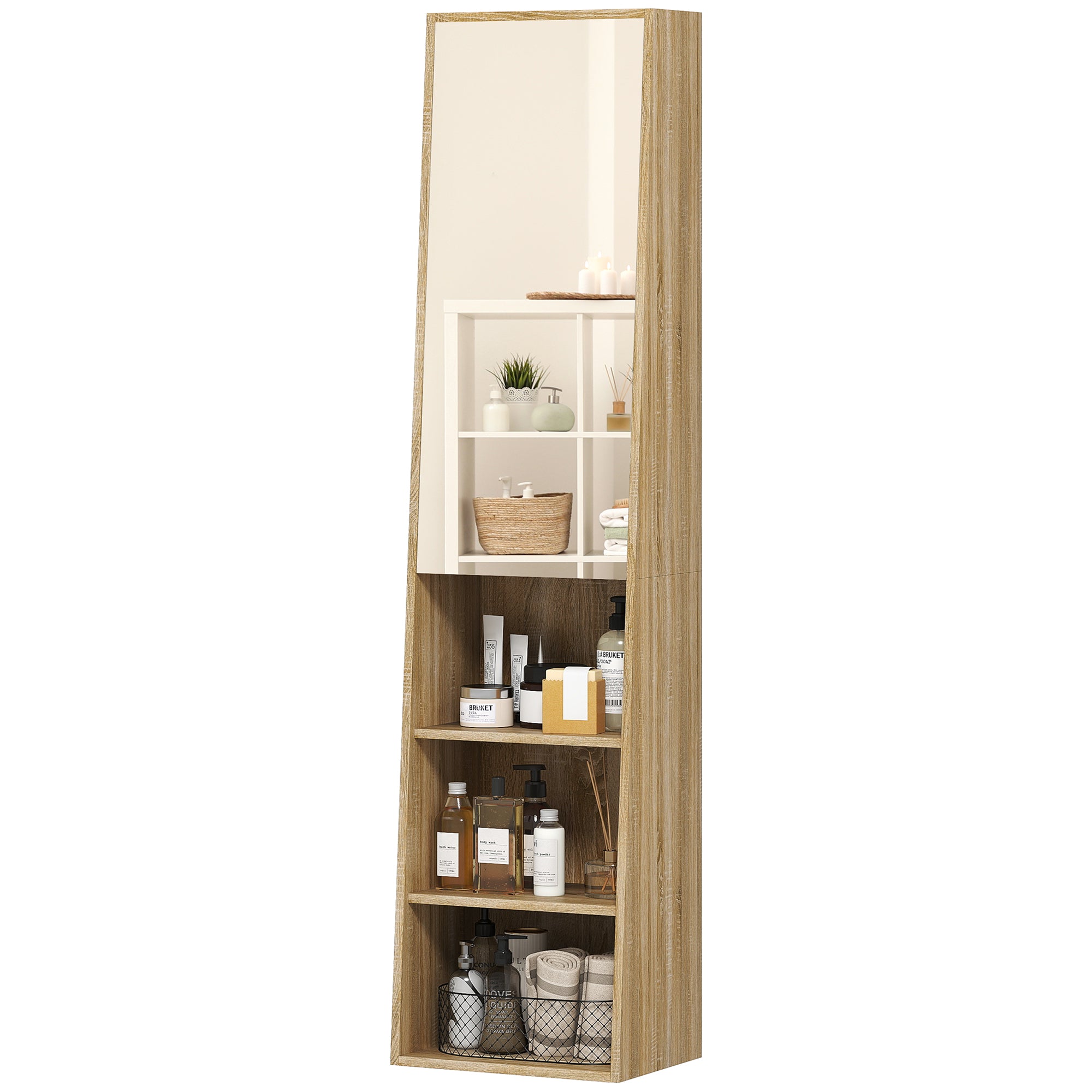 Meuble salle de bain colonne meuble de rangement trapézoïdal mince avec porte en miroir, étagère à 6 niveaux, armoire salle de bain pour petits espaces, 40 x 30 x 165 cm, bois naturel