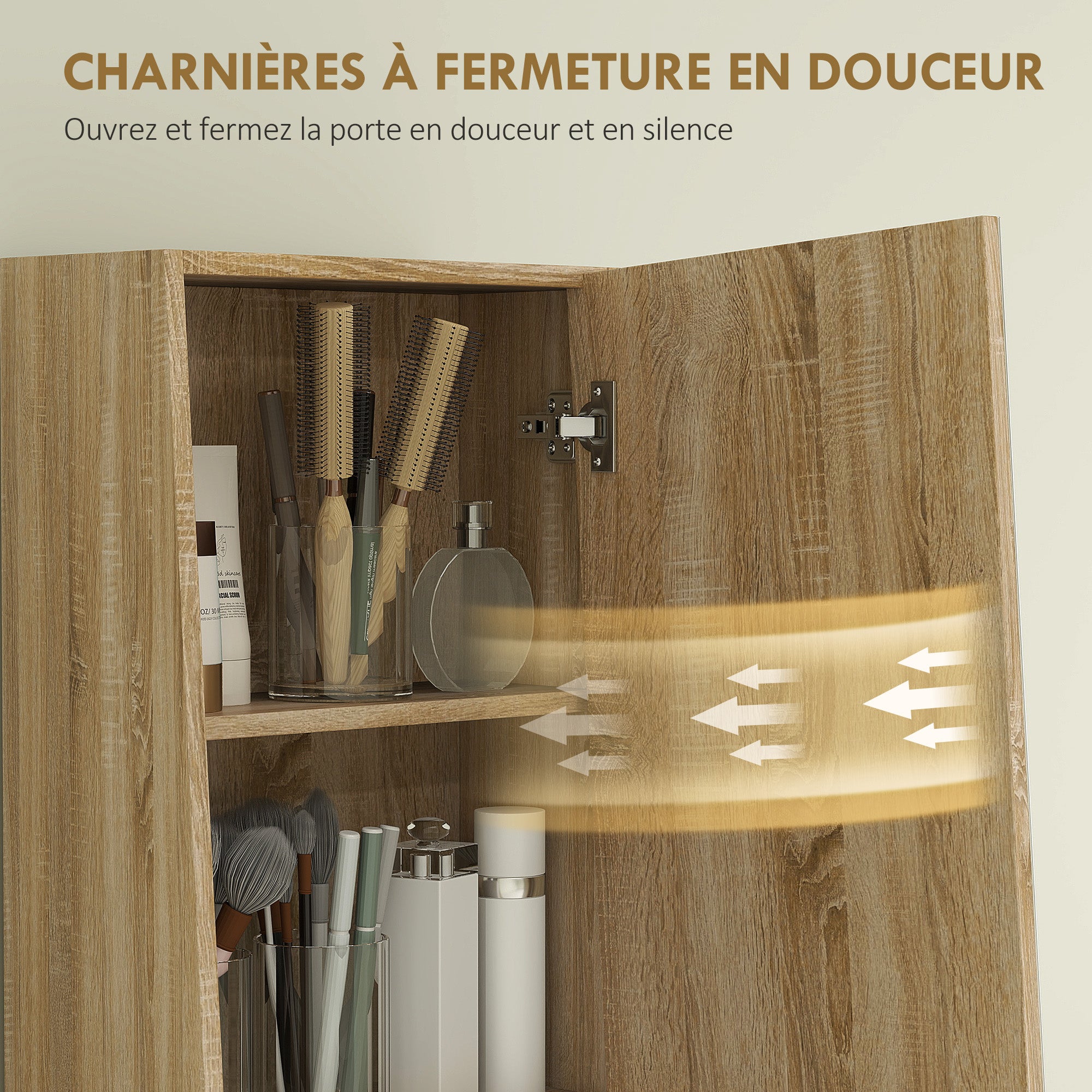 Meuble salle de bain colonne meuble de rangement trapézoïdal mince avec porte en miroir, étagère à 6 niveaux, armoire salle de bain pour petits espaces, 40 x 30 x 165 cm, bois naturel