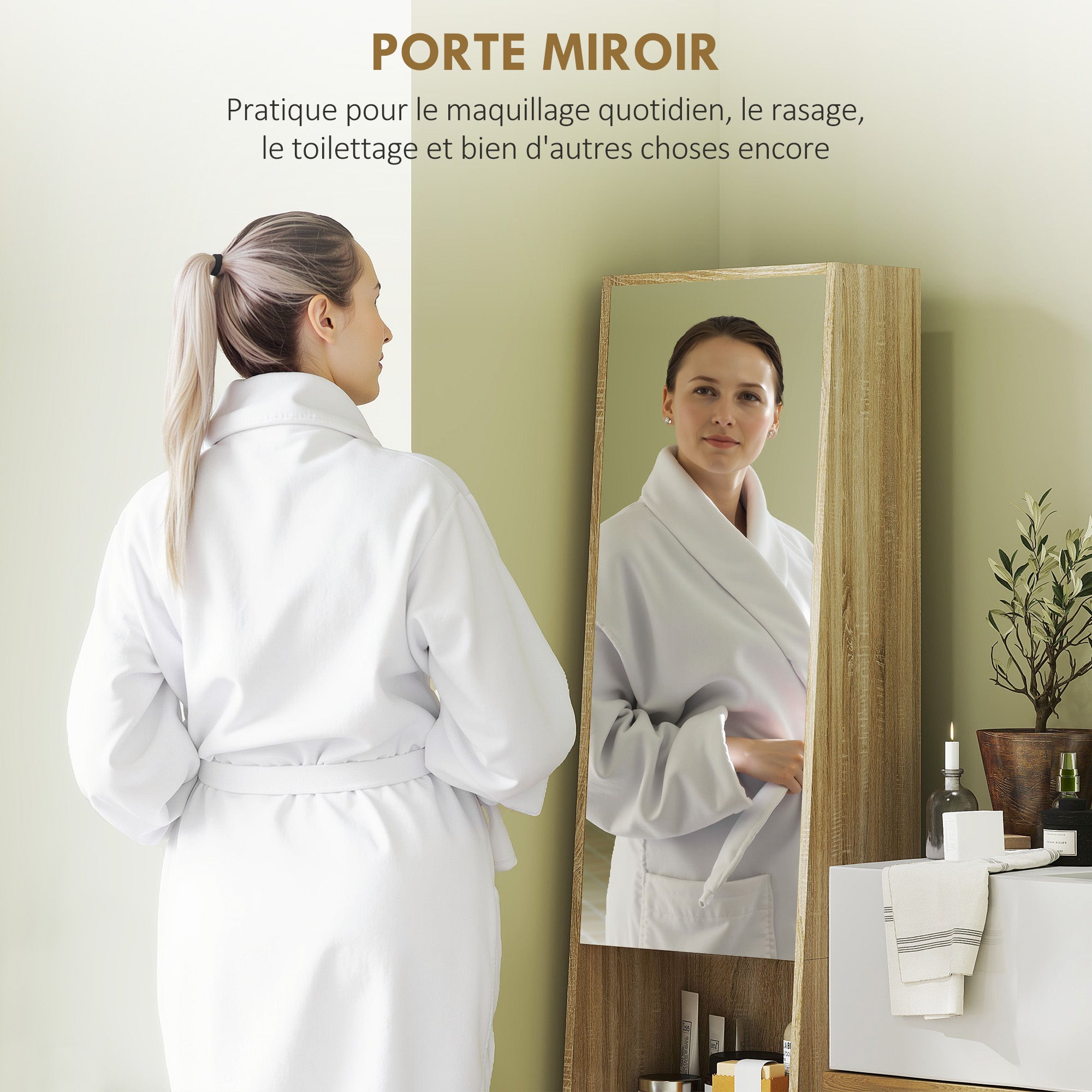 Meuble salle de bain colonne meuble de rangement trapézoïdal mince avec porte en miroir, étagère à 6 niveaux, armoire salle de bain pour petits espaces, 40 x 30 x 165 cm, bois naturel