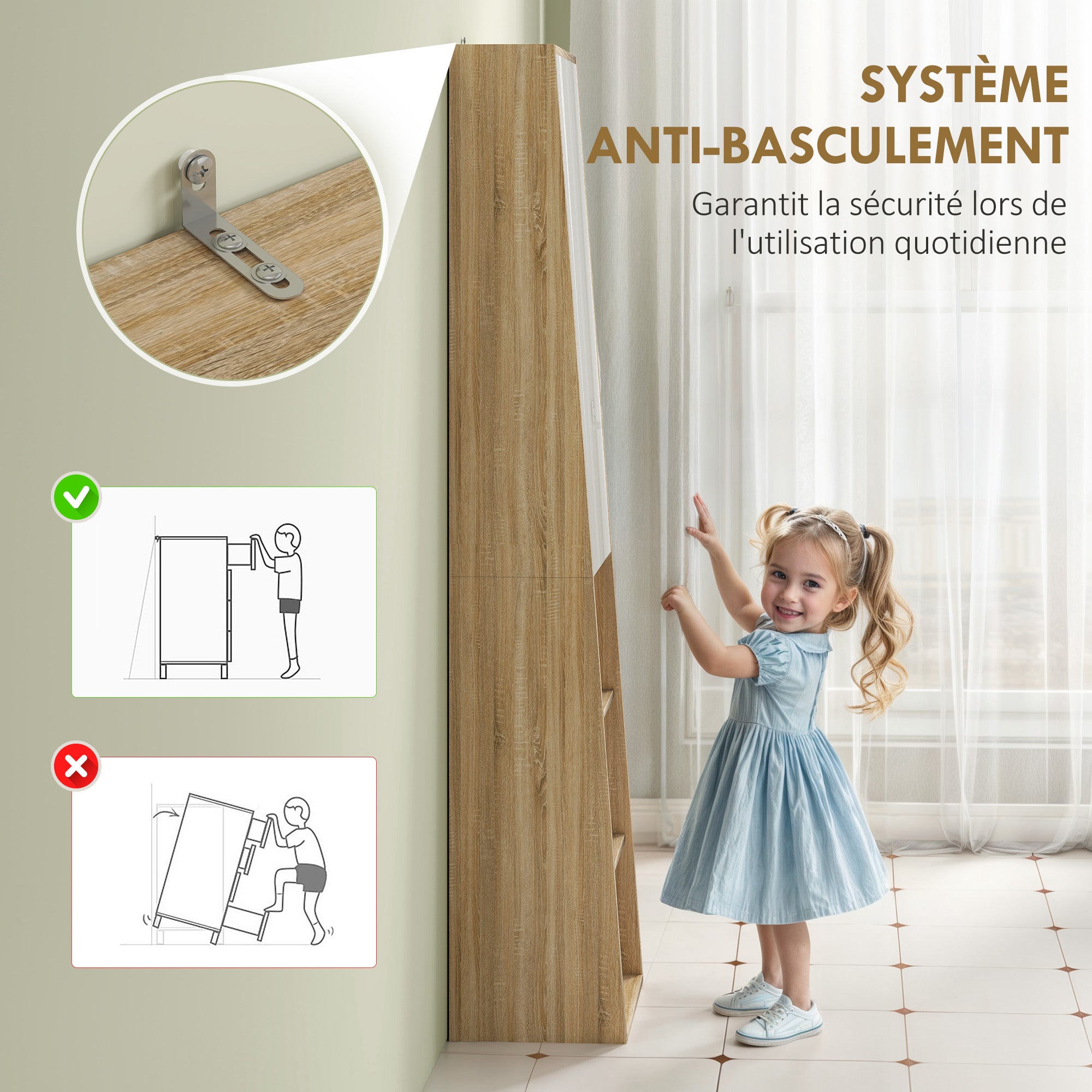 Meuble salle de bain colonne meuble de rangement trapézoïdal mince avec porte en miroir, étagère à 6 niveaux, armoire salle de bain pour petits espaces, 40 x 30 x 165 cm, bois naturel