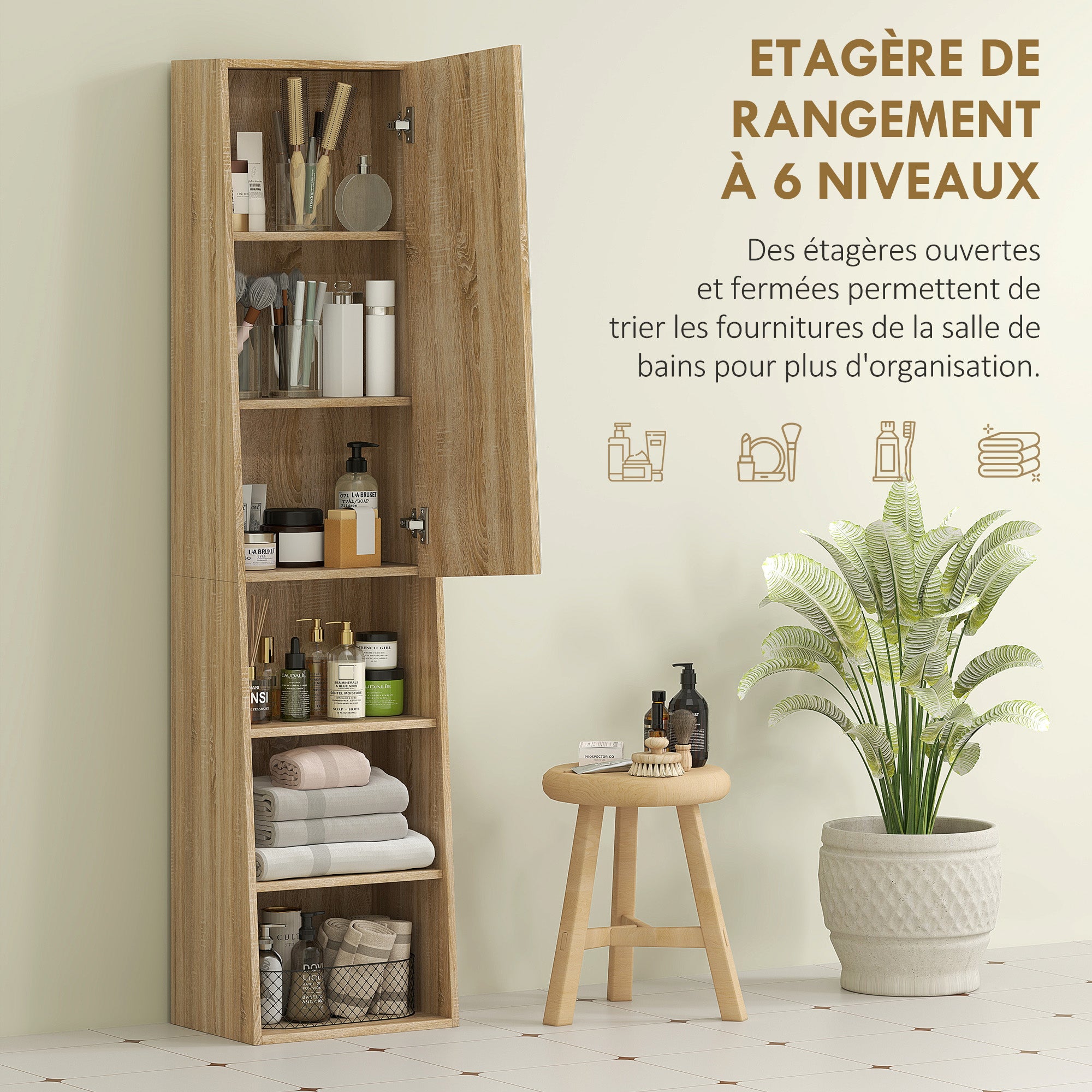 Meuble salle de bain colonne meuble de rangement trapézoïdal mince avec porte en miroir, étagère à 6 niveaux, armoire salle de bain pour petits espaces, 40 x 30 x 165 cm, bois naturel