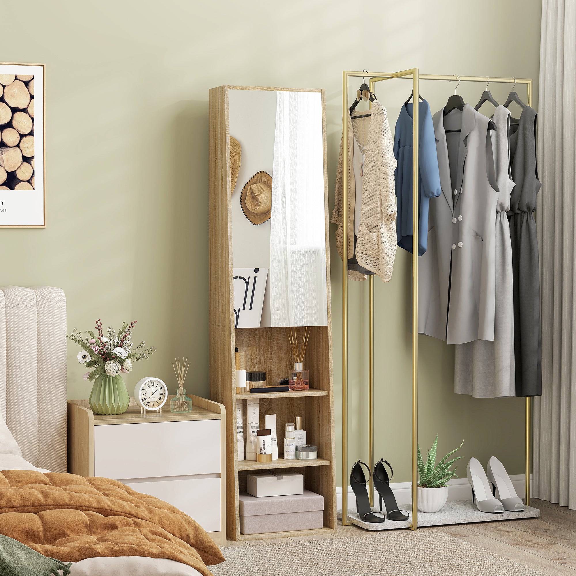 Meuble salle de bain colonne meuble de rangement trapézoïdal mince avec porte en miroir, étagère à 6 niveaux, armoire salle de bain pour petits espaces, 40 x 30 x 165 cm, bois naturel