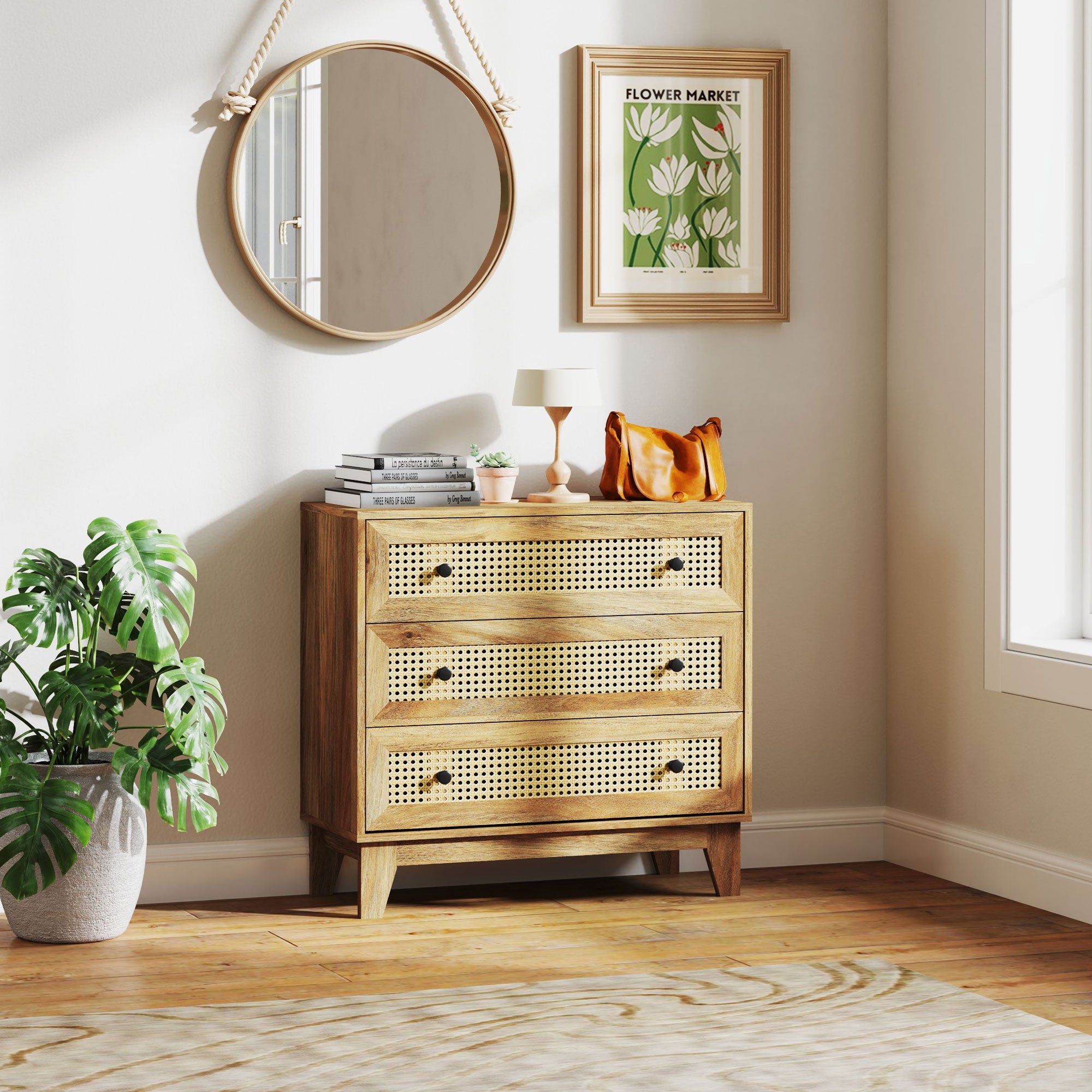 Commode 3 tiroirs meuble de rangement cannage en rotin 80 x 35 x 76 cm aspect bois clair