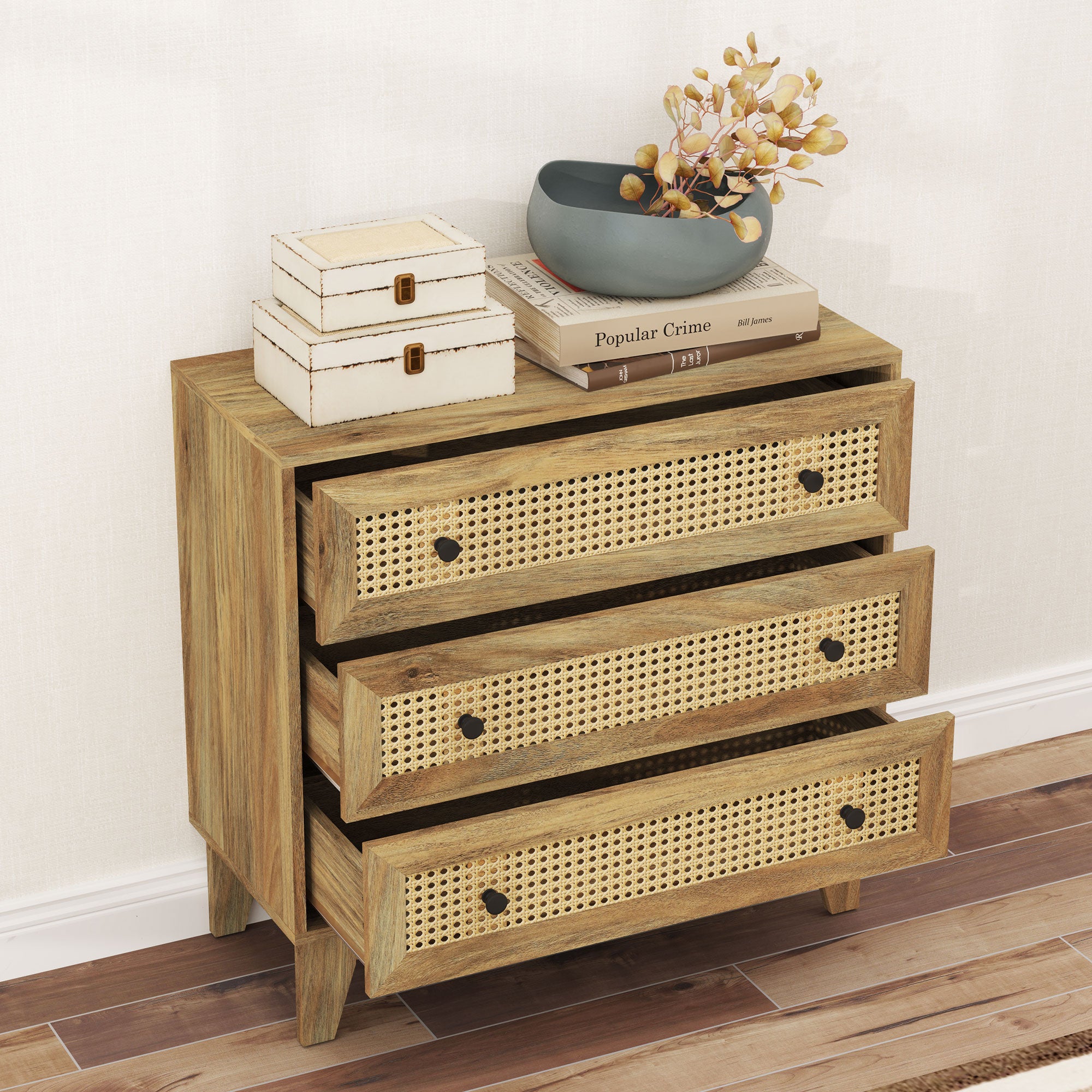 Commode 3 tiroirs meuble de rangement cannage en rotin 80 x 35 x 76 cm aspect bois clair