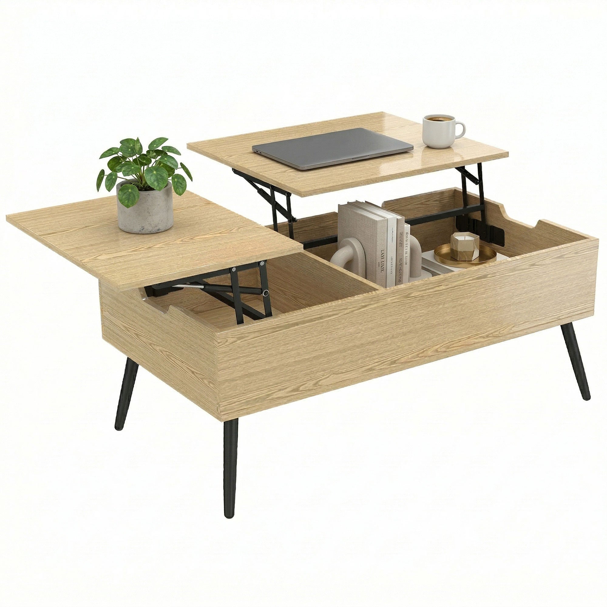 Table basse relevable avec double plateau, table de salon avec compartiment caché et pieds en métal, style moderne, pour salon, bureau, 100 x 50 x 58 cm, bois naturel