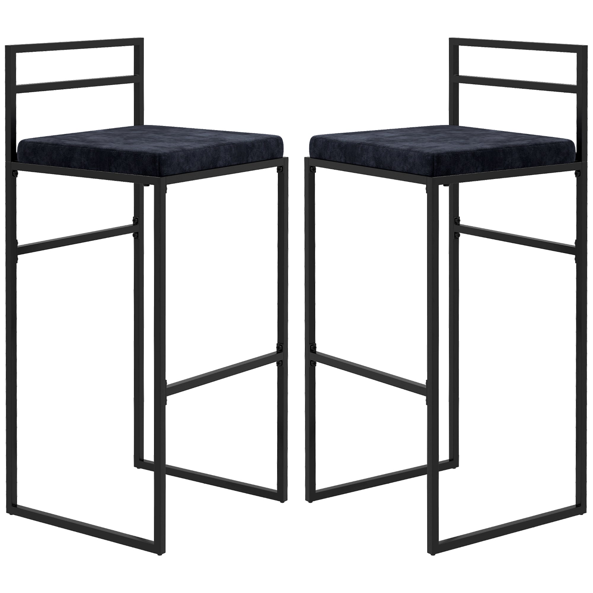 Lot de 2 chaises hautes, tabourets de bar, hauteur 74 cm, strucuture en acier, coussin d'assise en velours, repose-pieds, chaises de bar, style moderne élégant, noir