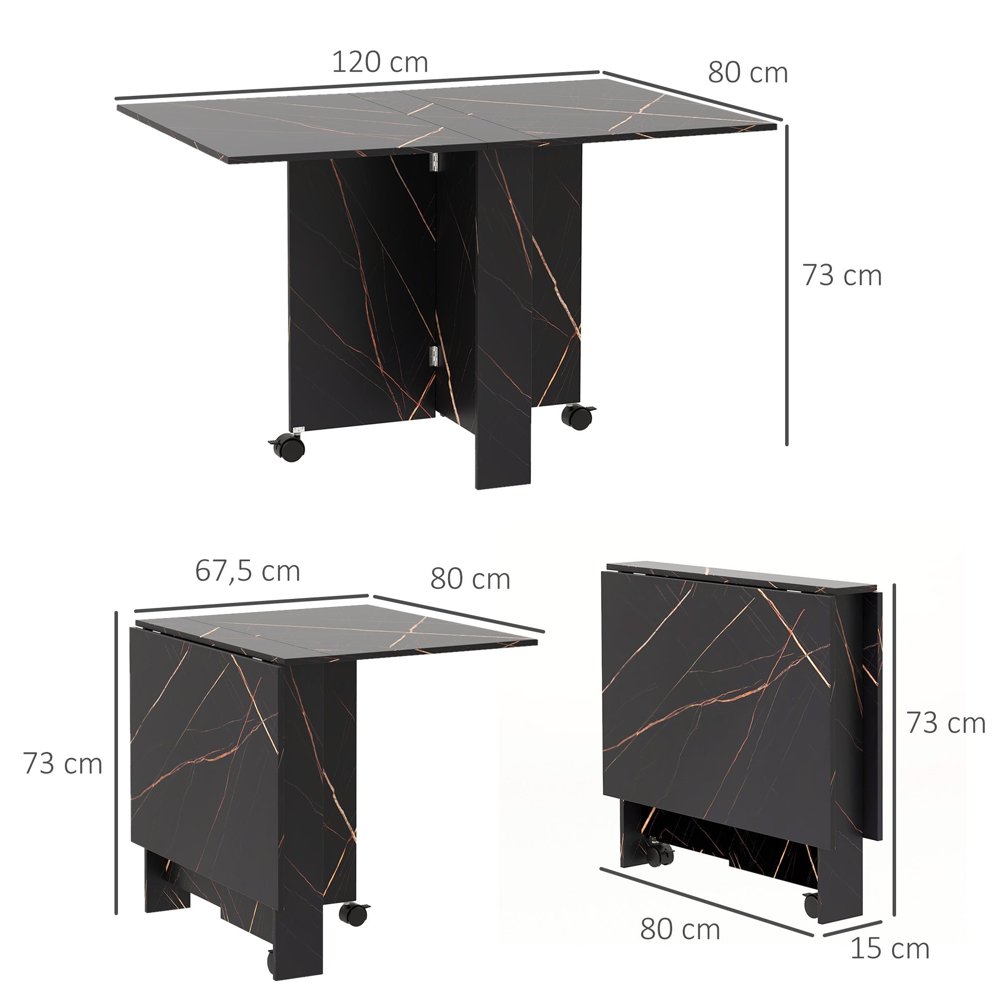 Table pliante cuisine, table à manger pliable, avec 2 abattants, 2 roues avec freins, pour 6 personnes, charge 20 kg, 120 x 80 x 73 cm, noir marbré imitation