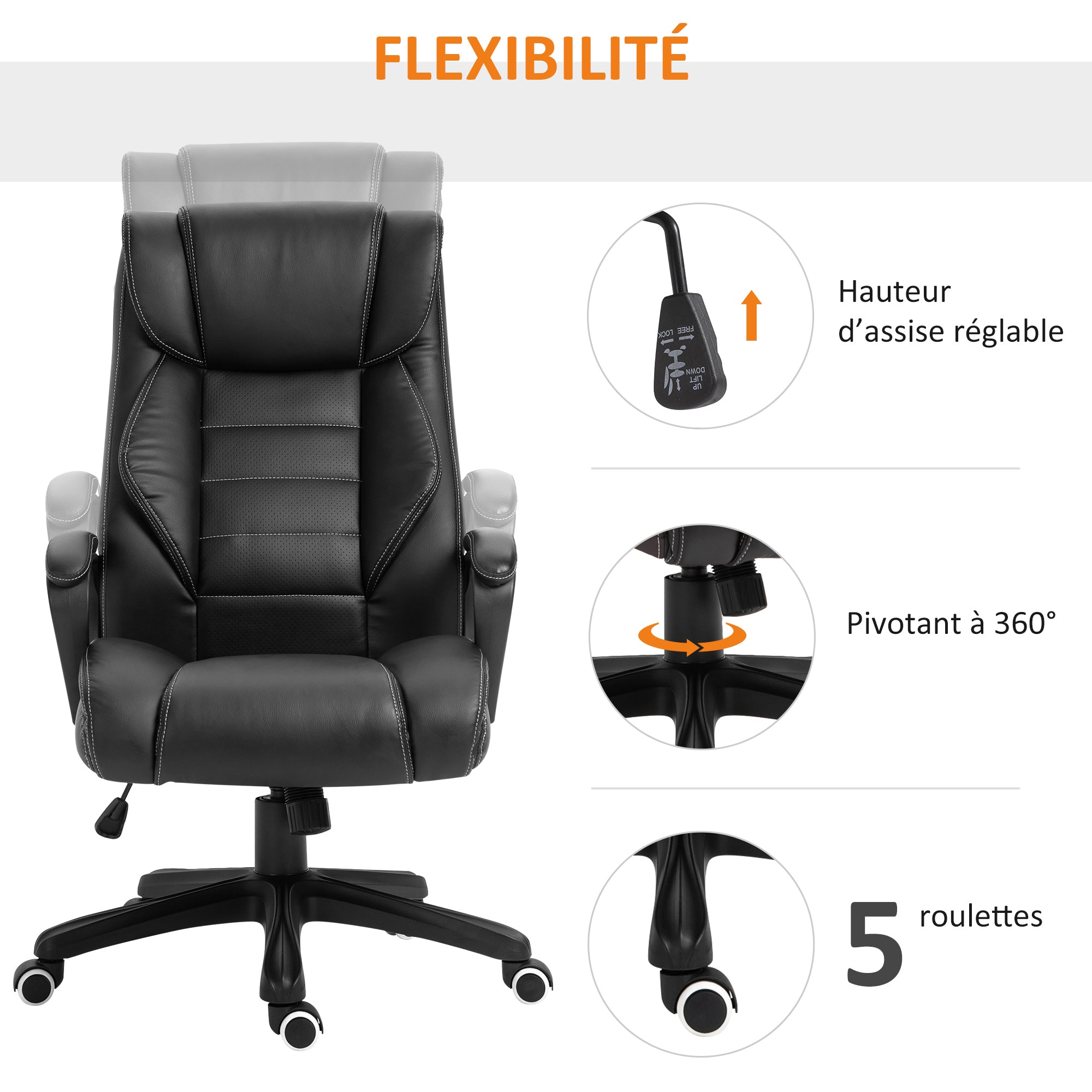 Fauteuil de bureau massant  fauteuil bureau ergonomique grand confort hauteur réglable fonction dossier à bascule revêtement synthétique noir