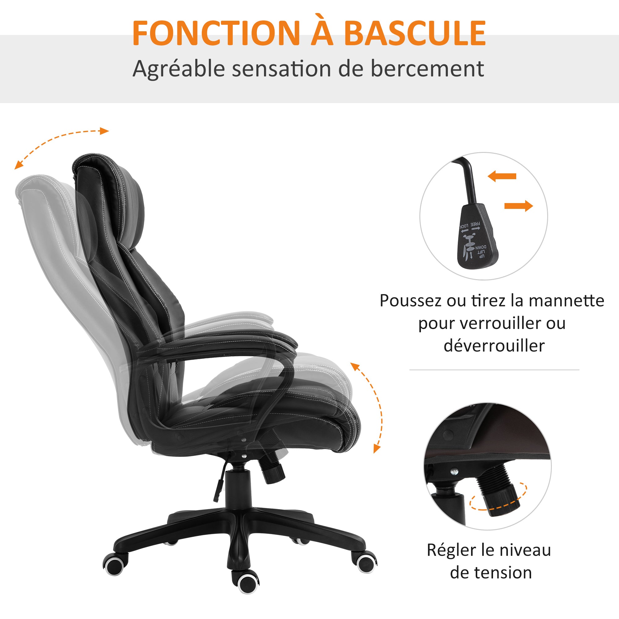 Fauteuil de bureau massant  fauteuil bureau ergonomique grand confort hauteur réglable fonction dossier à bascule revêtement synthétique noir