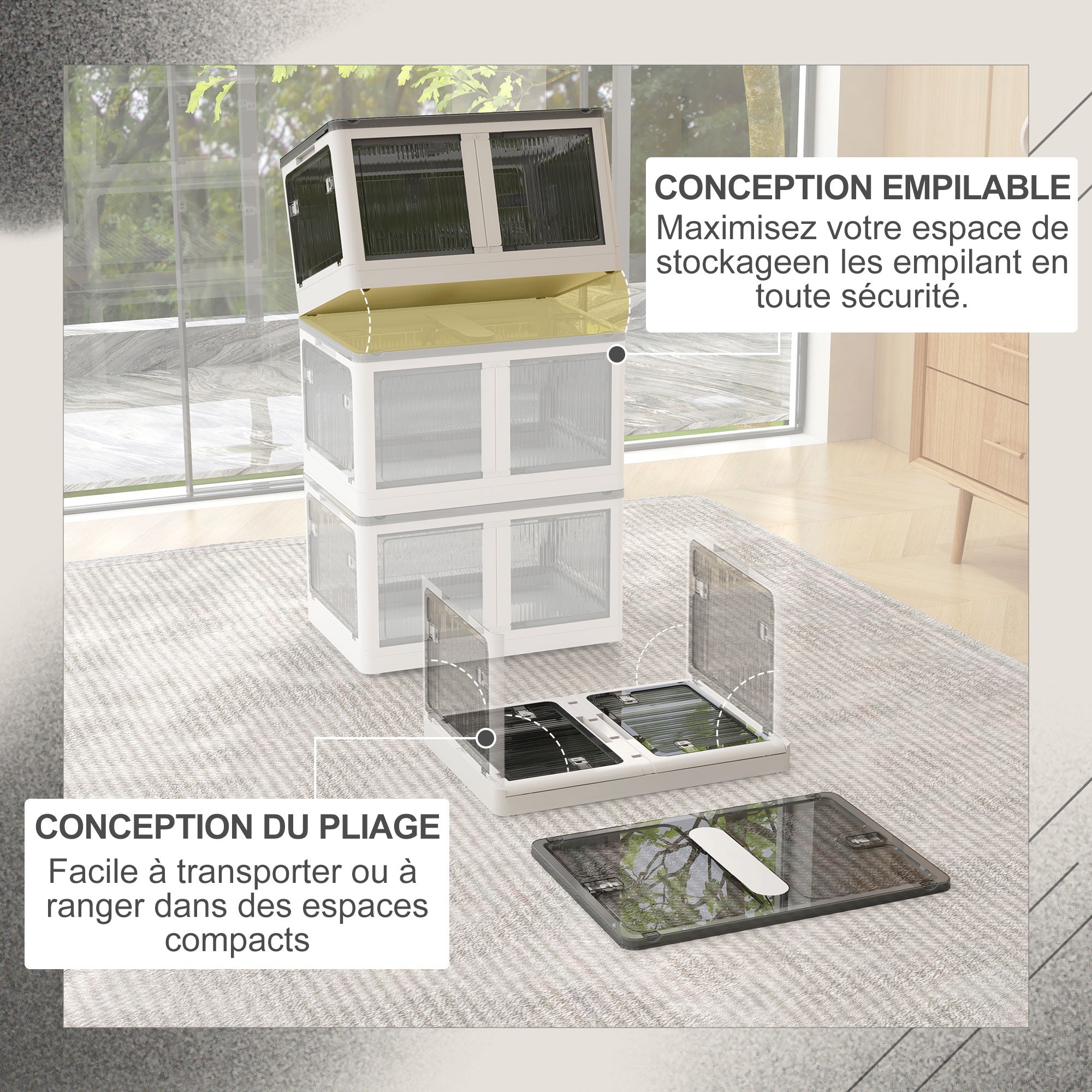 Boîte de rangement pliable et empilable 99L en plastique, caisse rangement cube avec couvercle et 4 roulettes, accès à 5 côtés, pour jouets et livres, blanc