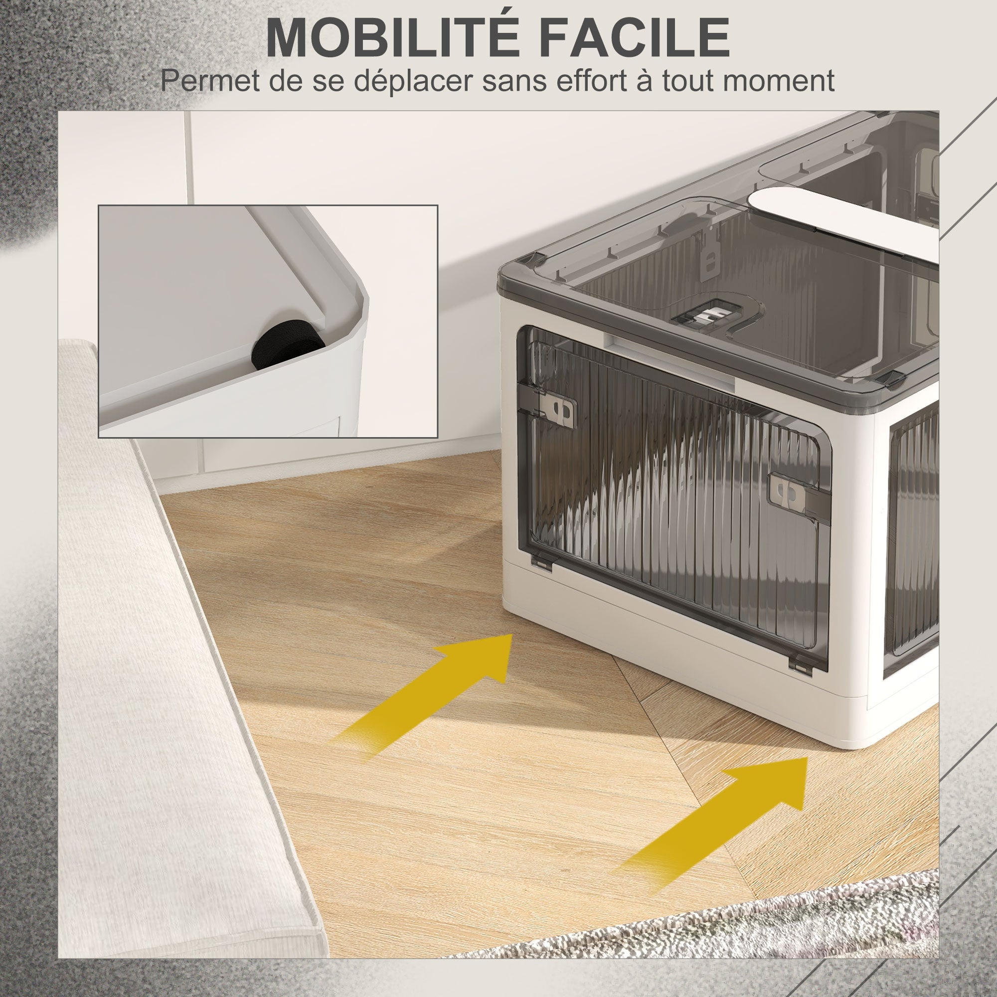 Boîte de rangement pliable et empilable 99L en plastique, caisse rangement cube avec couvercle et 4 roulettes, accès à 5 côtés, pour jouets et livres, blanc