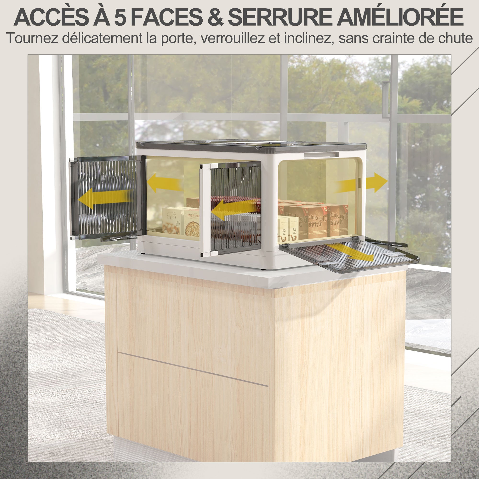 Boîte de rangement pliable et empilable 99L en plastique, caisse rangement cube avec couvercle et 4 roulettes, accès à 5 côtés, pour jouets et livres, blanc