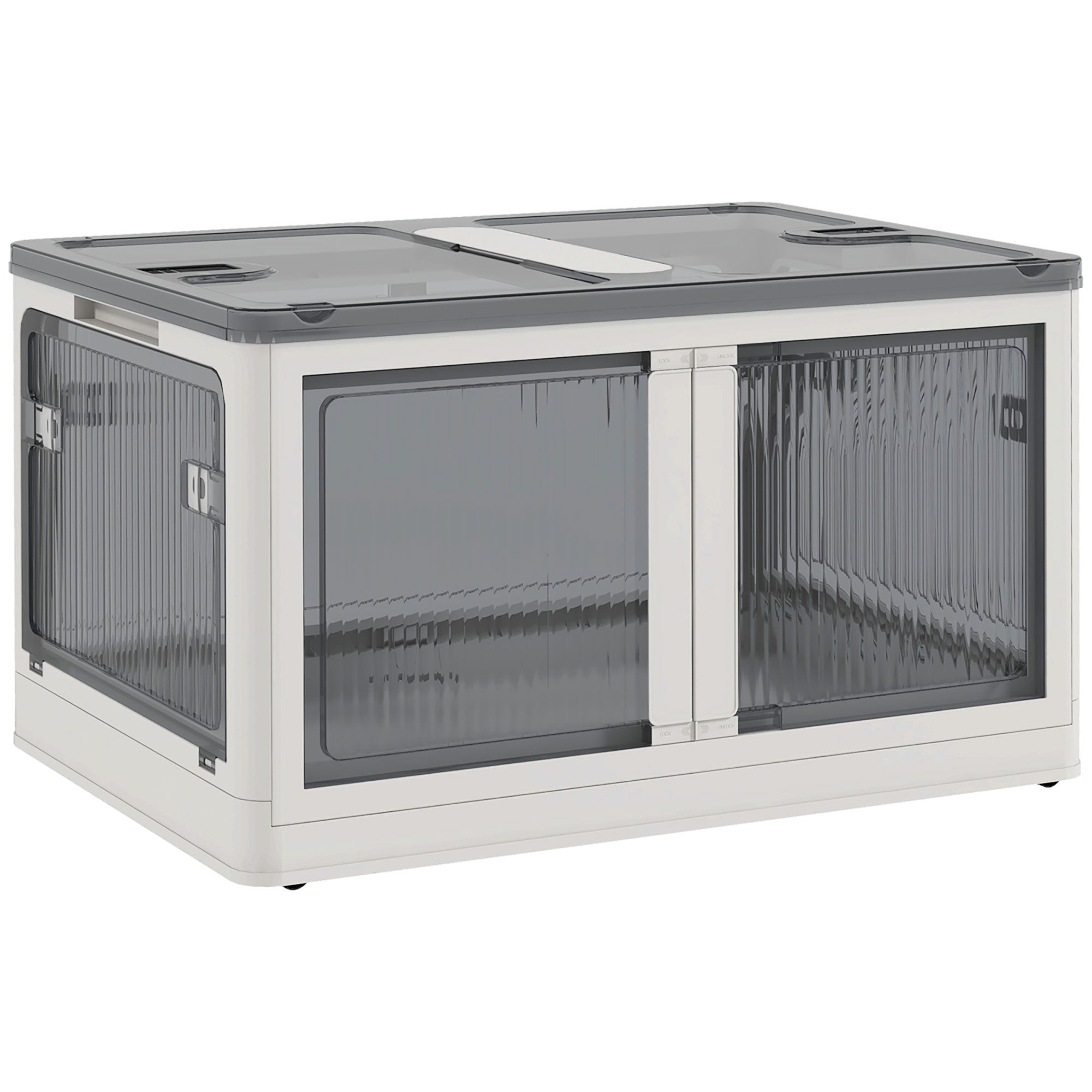 Boîte de rangement pliable et empilable 99L en plastique, caisse rangement cube avec couvercle et 4 roulettes, accès à 5 côtés, pour jouets et livres, blanc