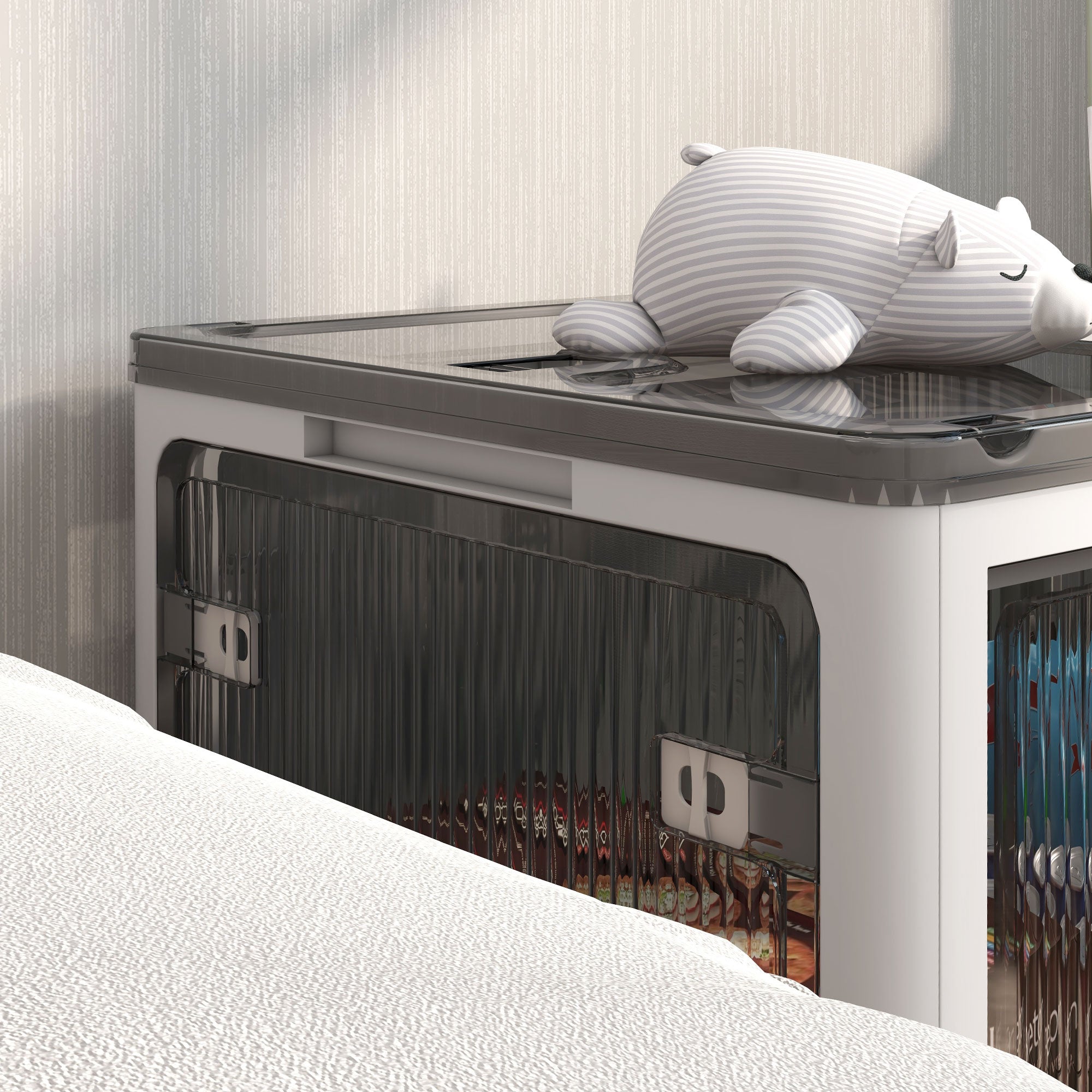 Boîte de rangement pliable et empilable 99L en plastique, caisse rangement cube avec couvercle et 4 roulettes, accès à 5 côtés, pour jouets et livres, blanc