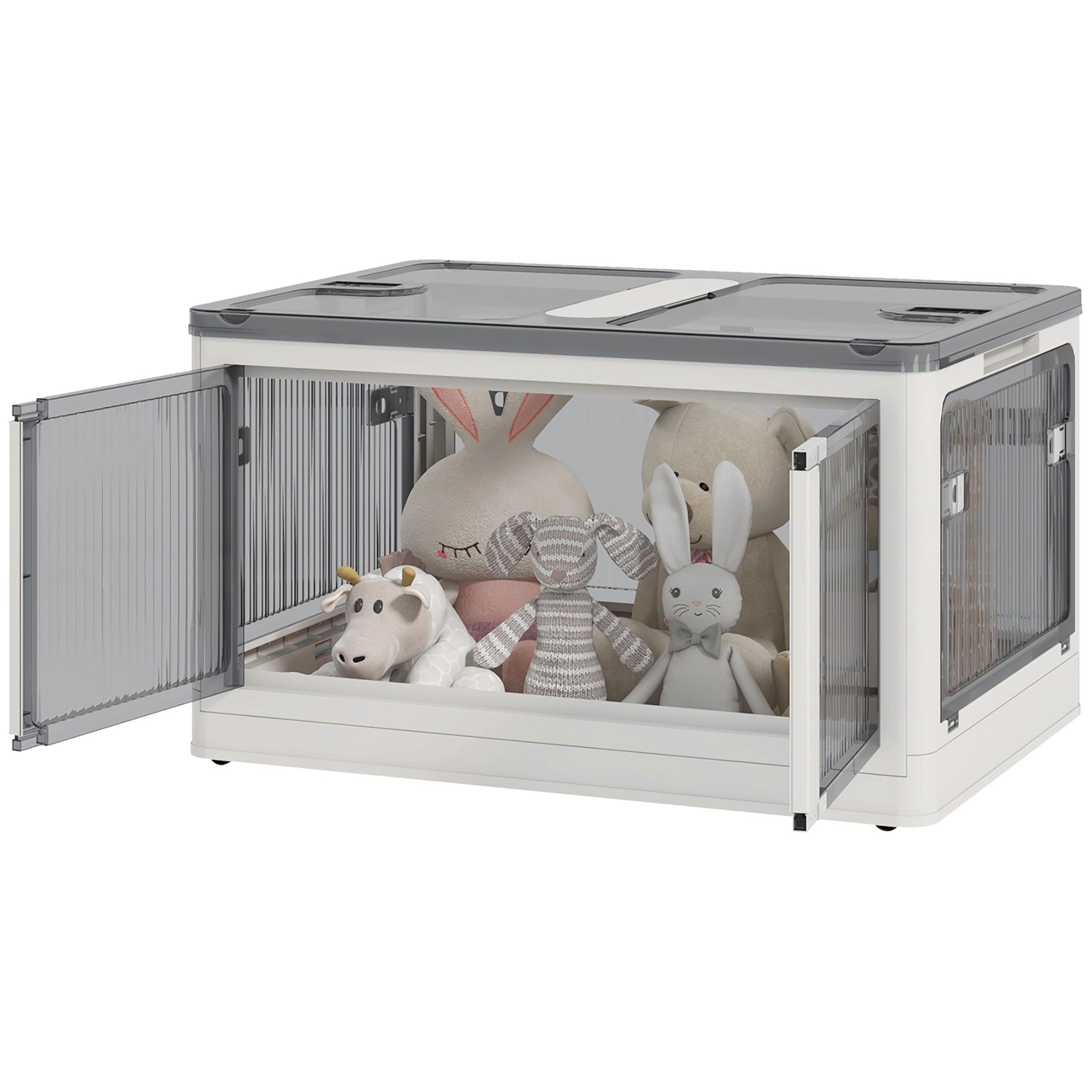 Boîte de rangement pliable et empilable 99L en plastique, caisse rangement cube avec couvercle et 4 roulettes, accès à 5 côtés, pour jouets et livres, blanc
