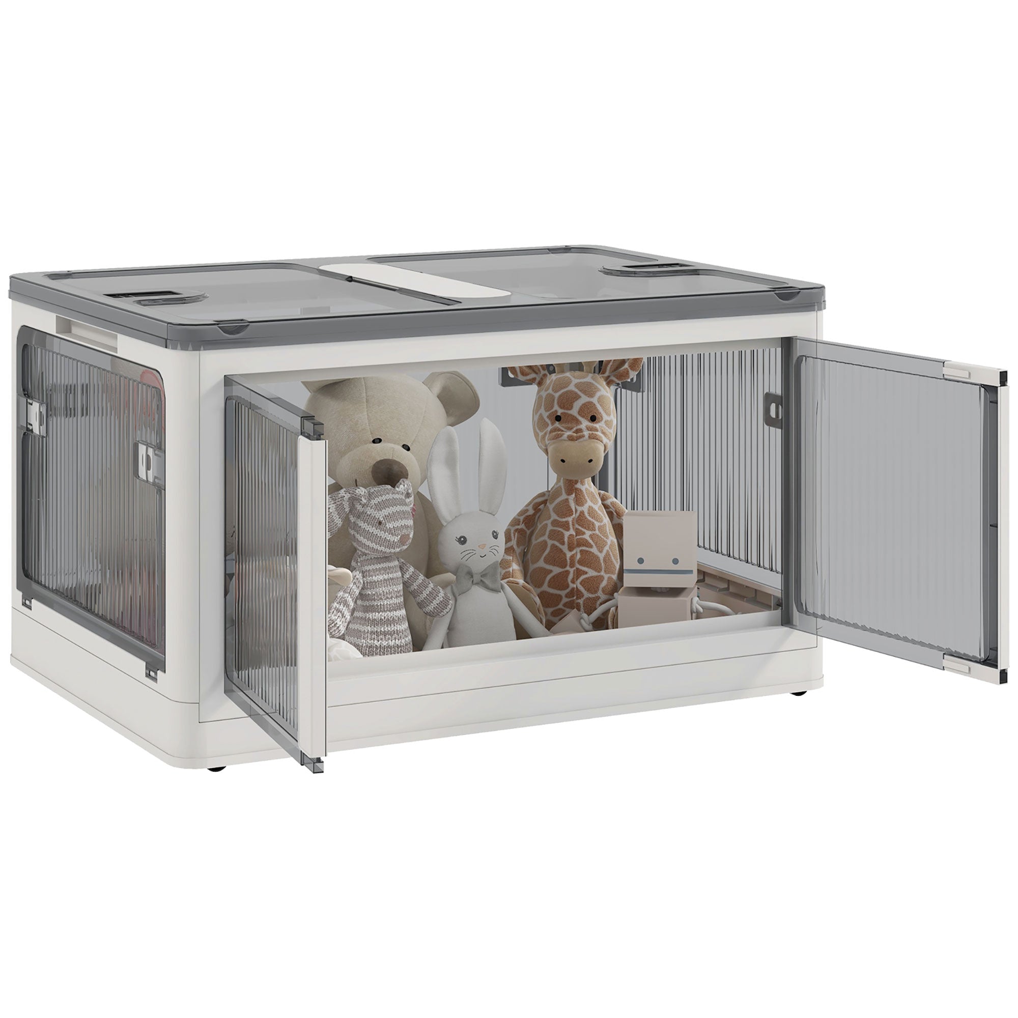 Boîte de rangement pliable et empilable 99L en plastique, caisse rangement cube avec couvercle et 4 roulettes, accès à 5 côtés, pour jouets et livres, blanc