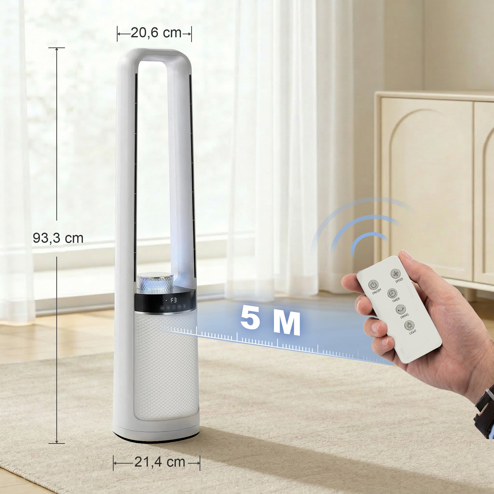 Ventilateur colonne silencieux 36dB, ventilateur tour pour chambre, 93,3cm de haut, oscillant à 45°, lumières LED, 3 vitesses, minuteur 12H, télécommande, blanc