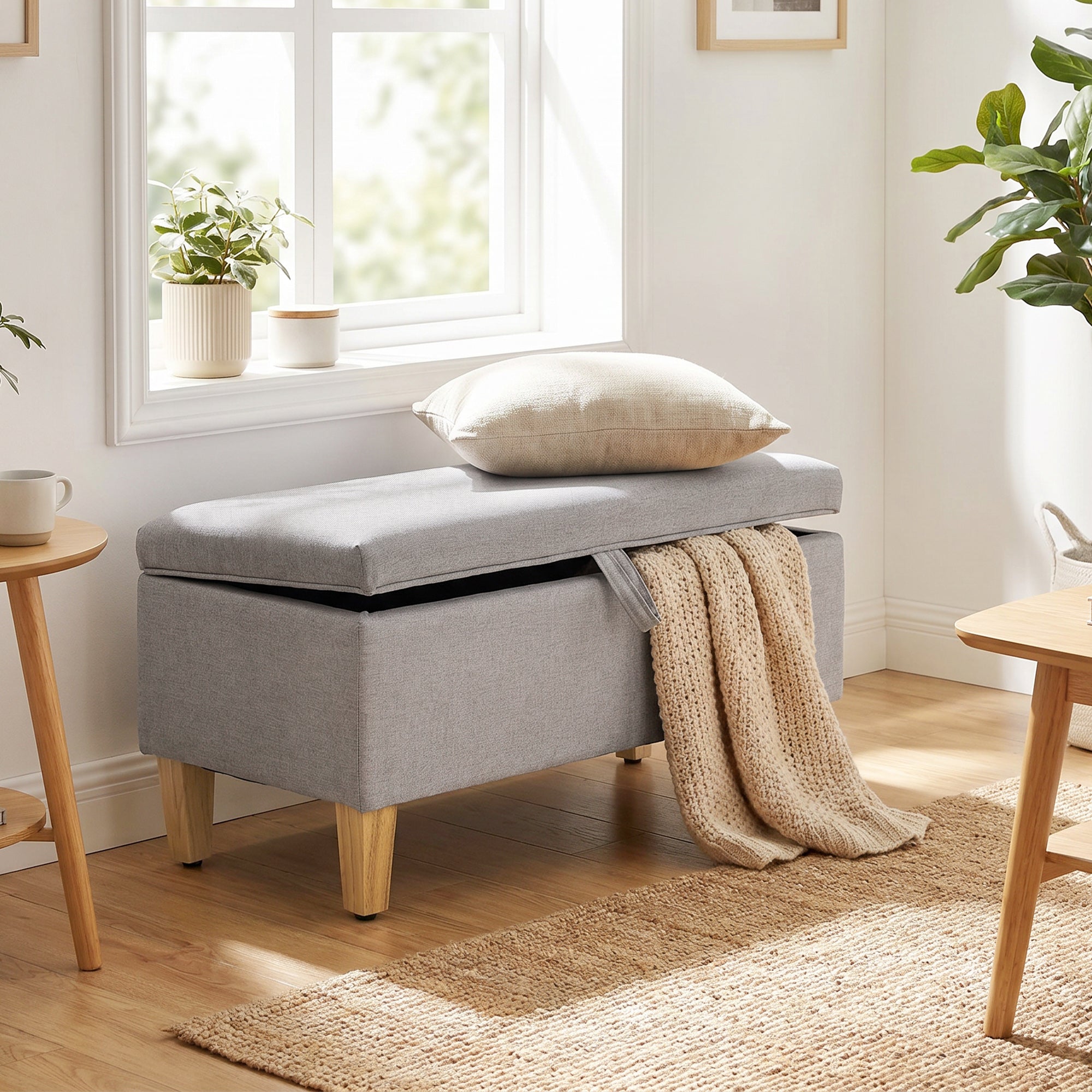 Banc de rangement, bout de lit, repose-pieds rembourré en lin avec pieds en bois de caoutchouc, pour salon, chambre, entrée, 71 x 37 x 36 cm, gris clair