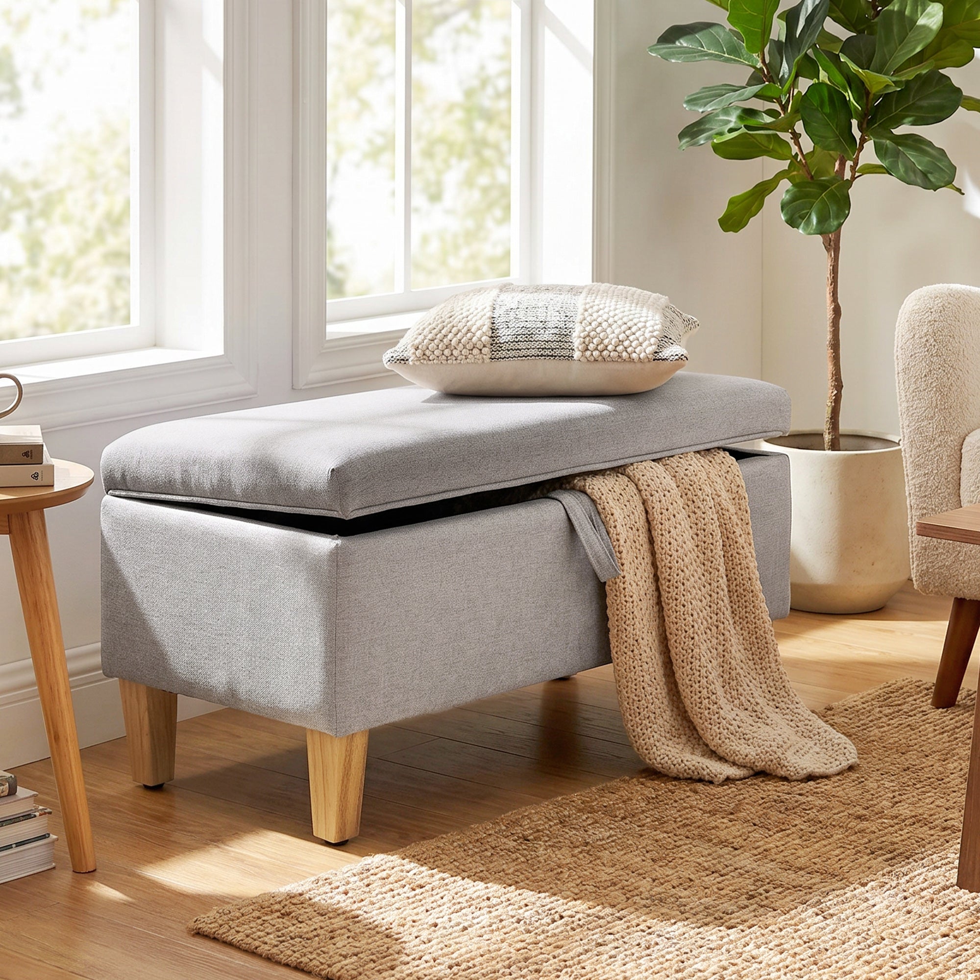 Banc de rangement, bout de lit, repose-pieds rembourré en lin avec pieds en bois de caoutchouc, pour salon, chambre, entrée, 71 x 37 x 36 cm, gris clair