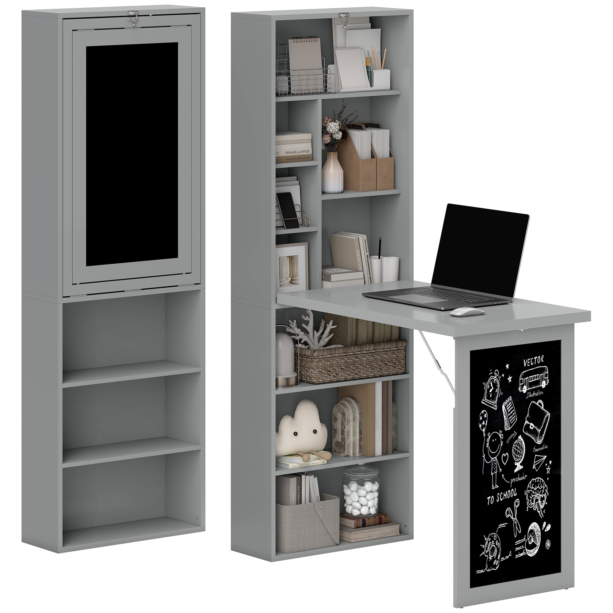 Bureau informatique pliable, bureau avec bibliothèque, poste de travail, tableau noir, 9 compartiments ouverts et étagère réglable, table d'ordinateur pour chambre, 98x51x153cm, gris