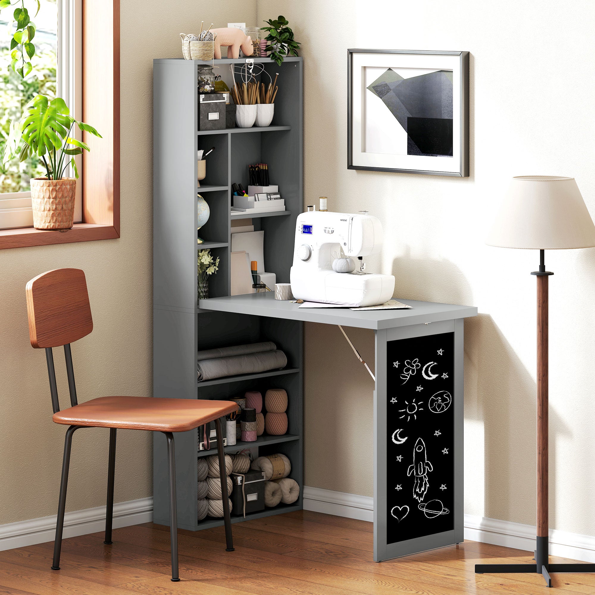 Bureau informatique pliable, bureau avec bibliothèque, poste de travail, tableau noir, 9 compartiments ouverts et étagère réglable, table d'ordinateur pour chambre, 98x51x153cm, gris