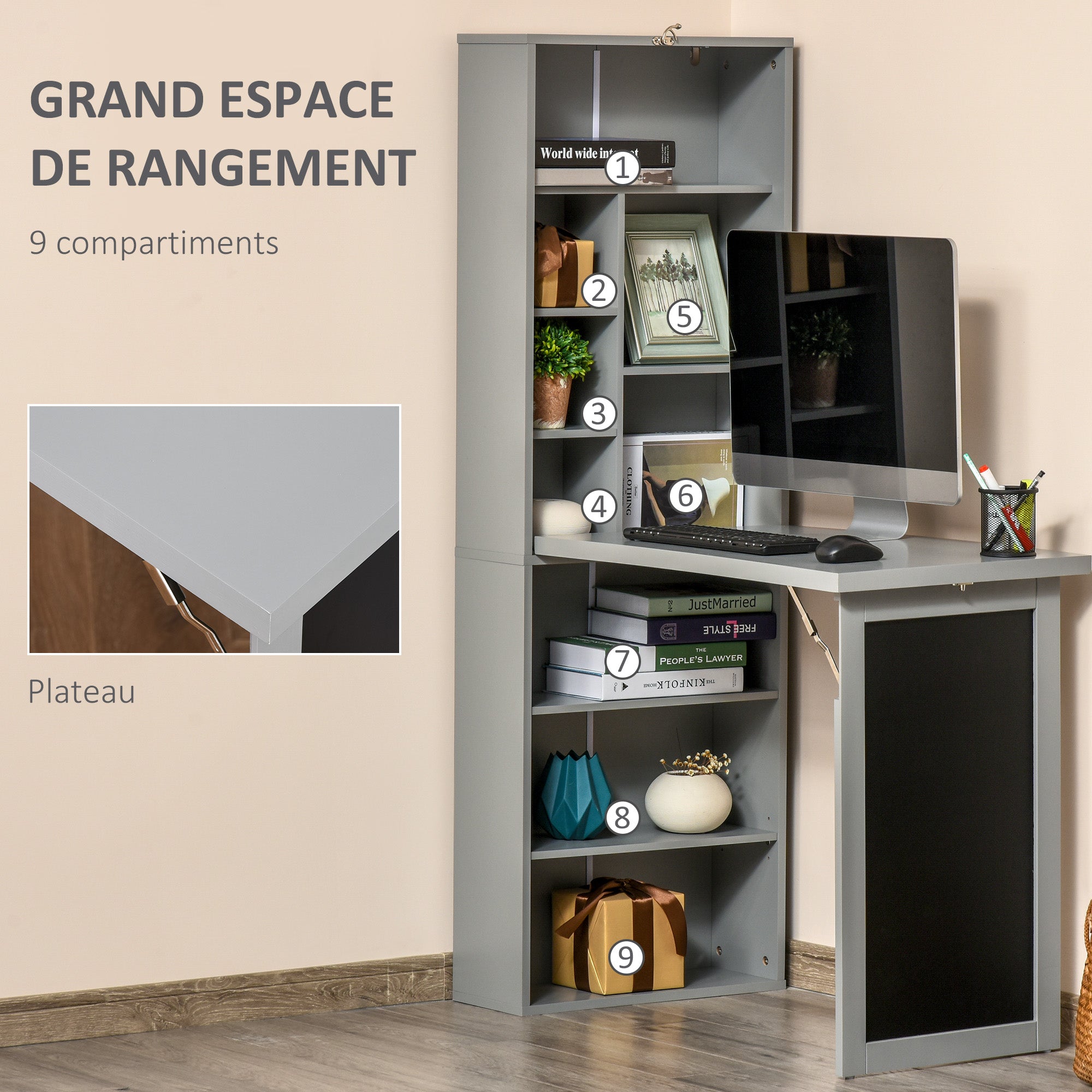 Bureau informatique pliable, bureau avec bibliothèque, poste de travail, tableau noir, 9 compartiments ouverts et étagère réglable, table d'ordinateur pour chambre, 98x51x153cm, gris