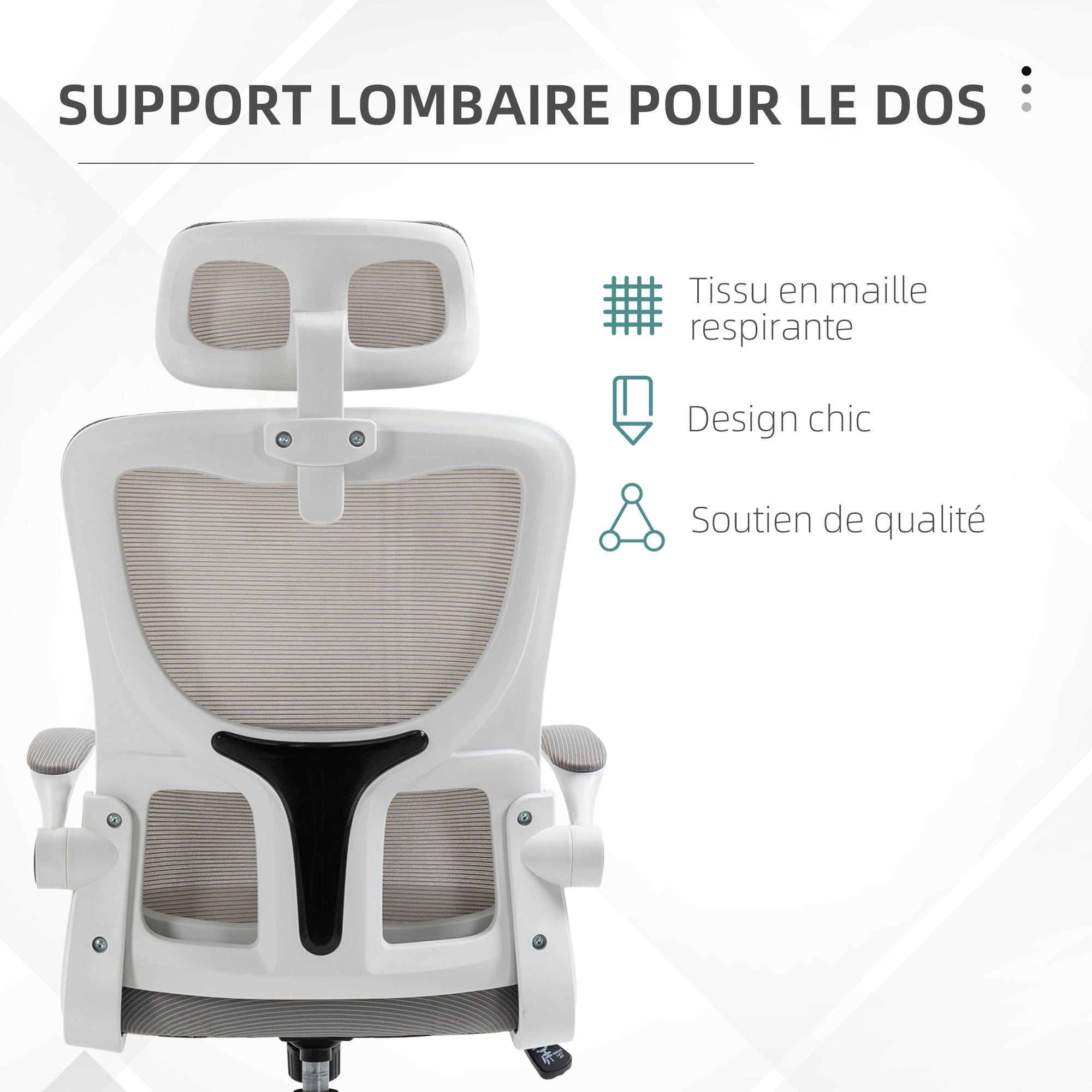 Fauteuil de bureau, chaise ergonomique, maille respirant, accoudoirs relevables, pivotant, appui-tête réglable et support lombaire, hauteur d'assise réglable, gris