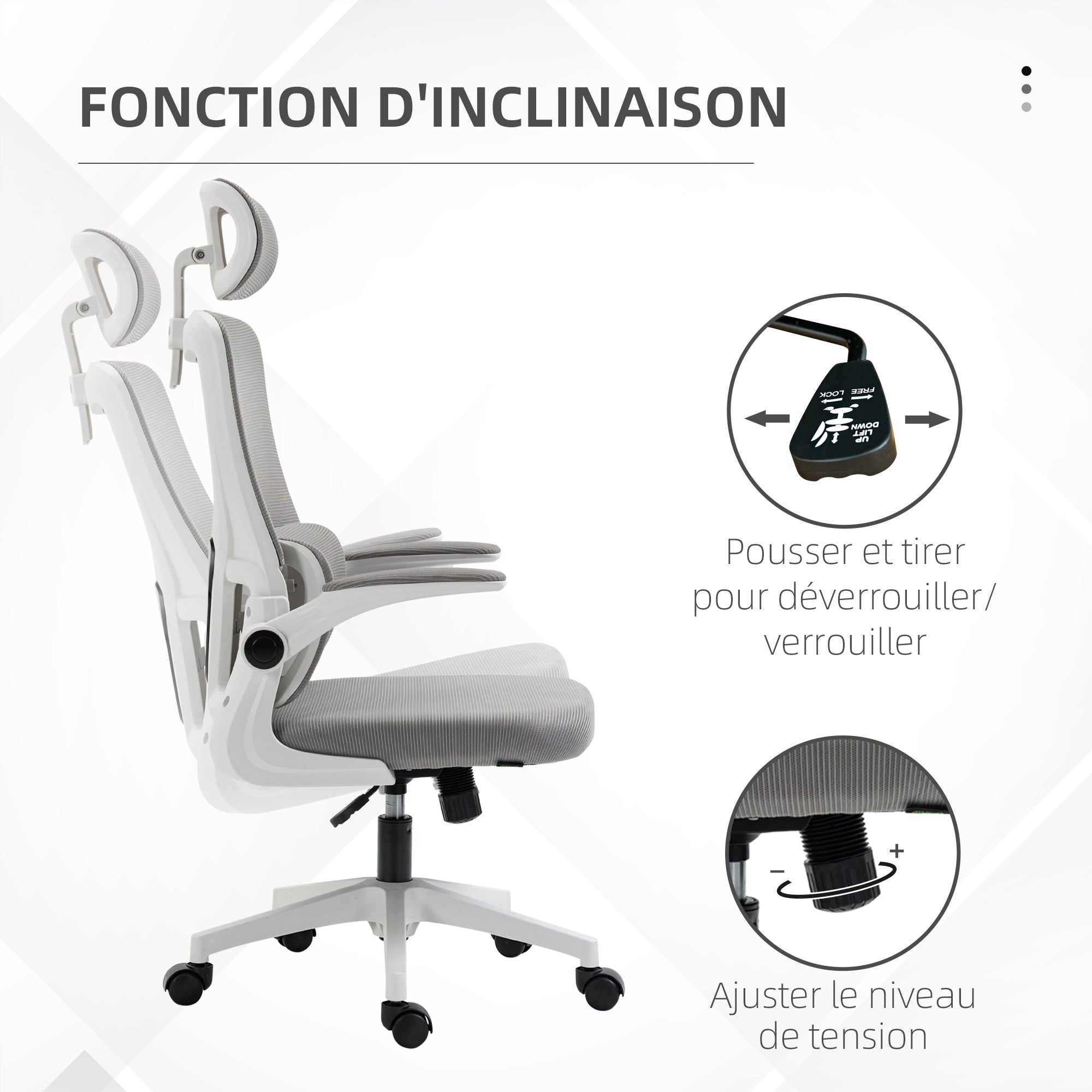 Fauteuil de bureau, chaise ergonomique, maille respirant, accoudoirs relevables, pivotant, appui-tête réglable et support lombaire, hauteur d'assise réglable, gris