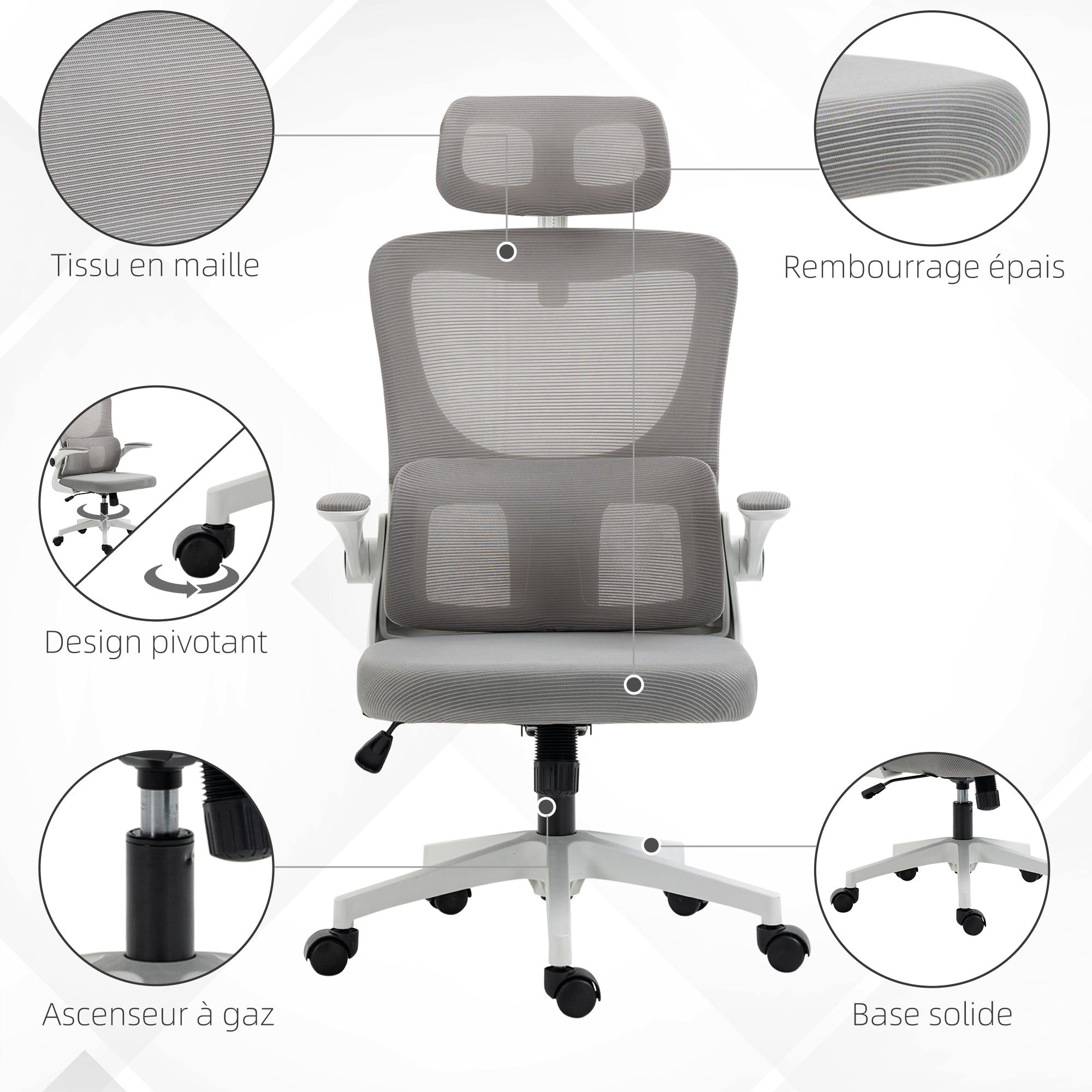 Fauteuil de bureau, chaise ergonomique, maille respirant, accoudoirs relevables, pivotant, appui-tête réglable et support lombaire, hauteur d'assise réglable, gris