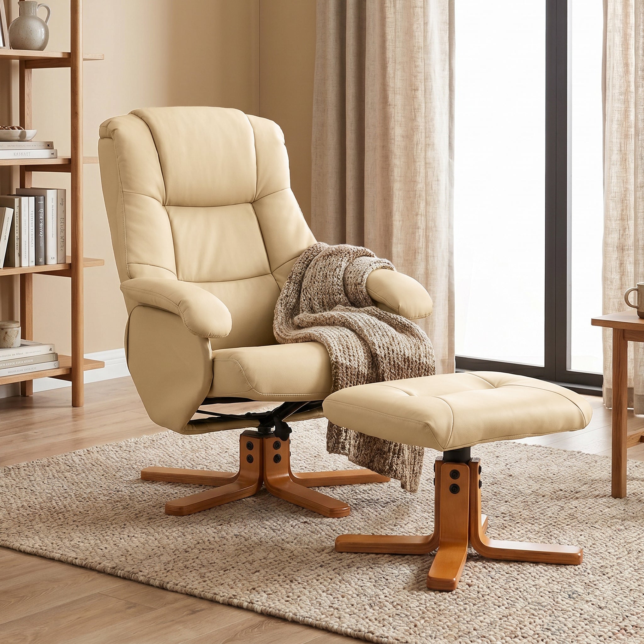 Fauteuil relax avec repose-pied fauteuil de relaxation chaise relaxant pivotant 360° et dossier inclinable chaise TV charge jusqu'à 120 Kg pour salon, chambre, bureau, beige