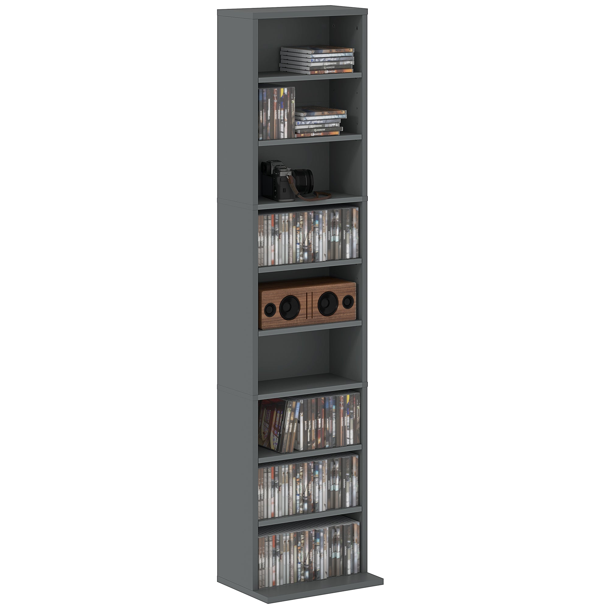 Rangements pour CD et DVD, meuble de rangement multimédia, capacité max. 260 CD/120 DVD, 9 compartiments et 6 étagères réglables, pour salon, chambre, bureau, 33 x 24 x 140 cm, gris