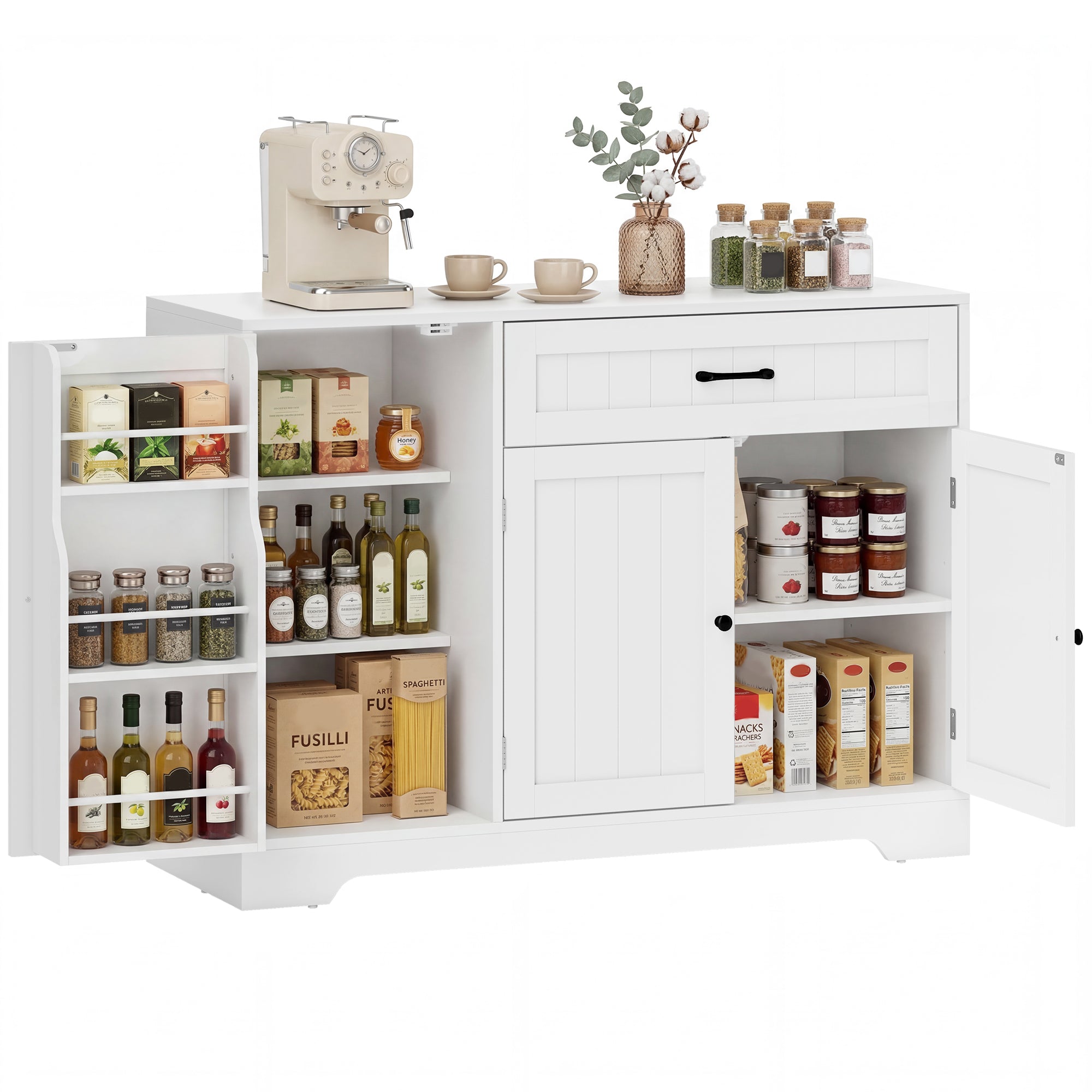 Buffet Cuisine, Meuble de Rangement avec Tiroir, 3 Portes à Fermeture Douce, Racks-Porte et Étagères Réglables, Meuble TV Jusqu'à 55 Pouces, pour Salon et Salle à Manger, 110x40x80cm, Blanc