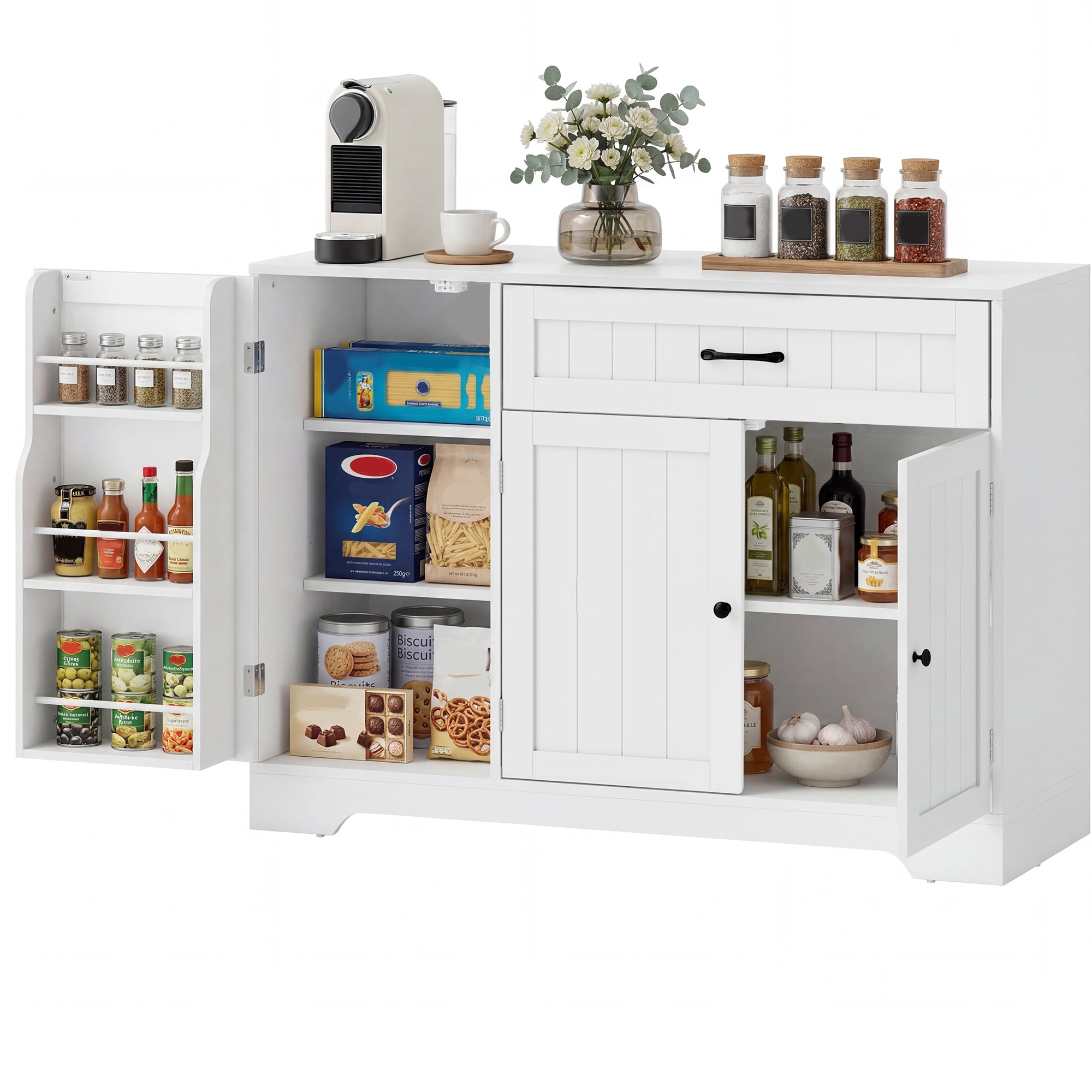 Buffet Cuisine, Meuble de Rangement avec Tiroir, 3 Portes à Fermeture Douce, Racks-Porte et Étagères Réglables, Meuble TV Jusqu'à 55 Pouces, pour Salon et Salle à Manger, 110x40x80cm, Blanc