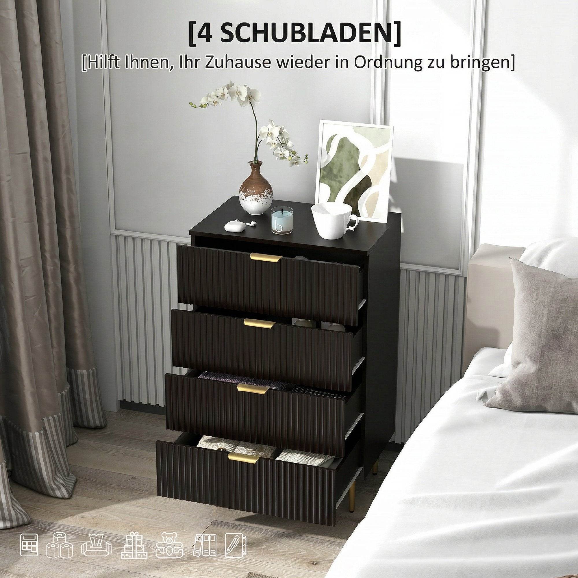 Commode 4 tiroirs commode chambre meuble de rangement moderne avec poignées et pieds dorés, pour chambre à coucher, salon, dim. 60 x 40 x 96 cm, noir