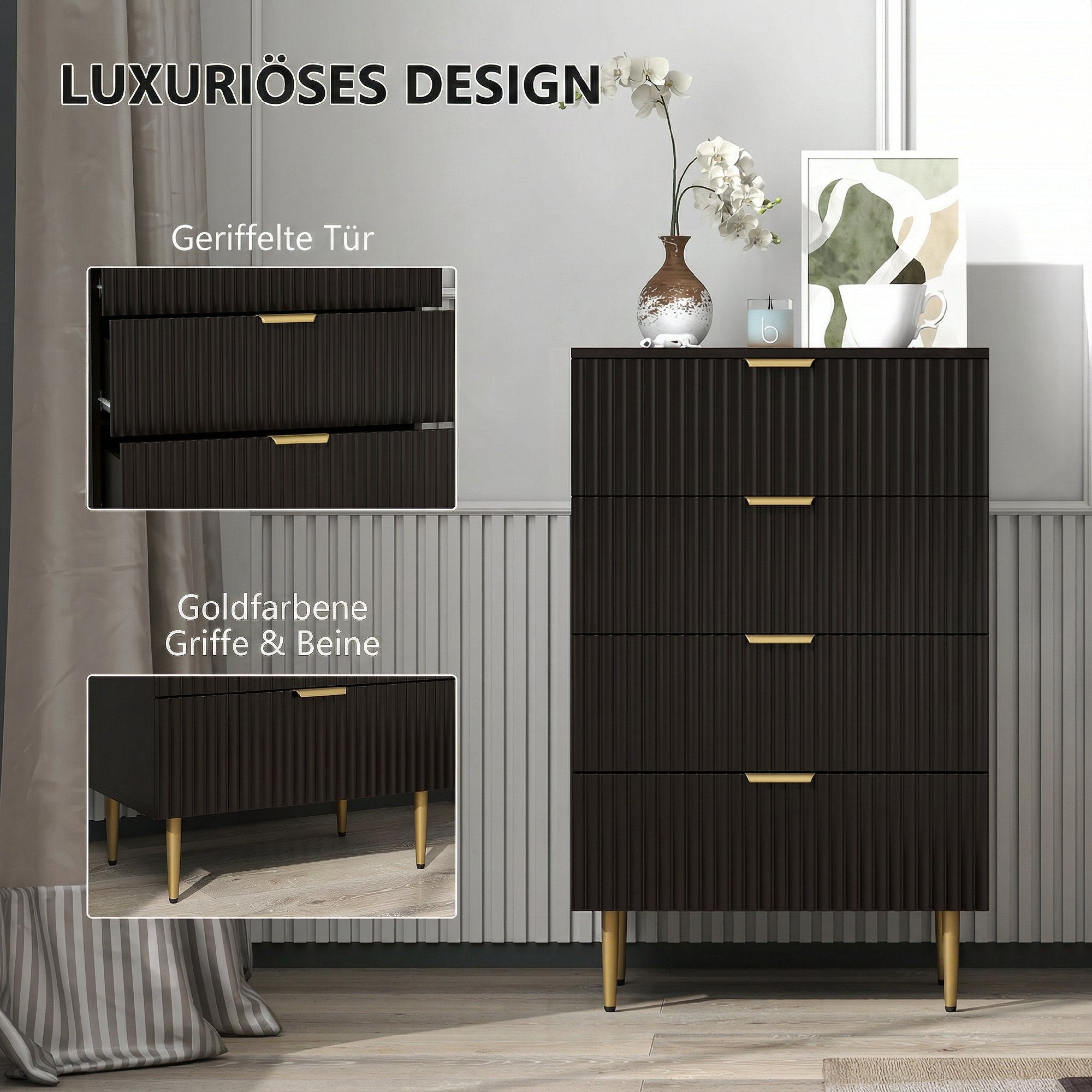 Commode 4 tiroirs commode chambre meuble de rangement moderne avec poignées et pieds dorés, pour chambre à coucher, salon, dim. 60 x 40 x 96 cm, noir