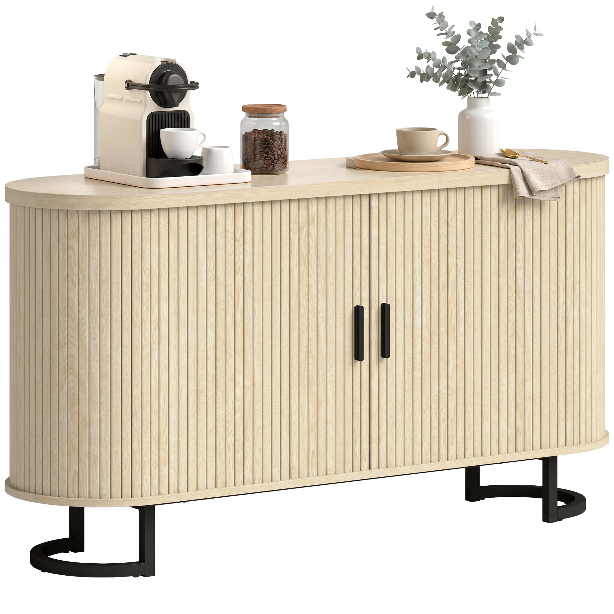Buffet salon, meuble de rangement ovale avec 2 portes coulissantes et étagères réglables, meuble TV jusqu'à 60 pouces, style moderne, buffet salle à manger et cuisine, 140x40x75cm, bois naturel
