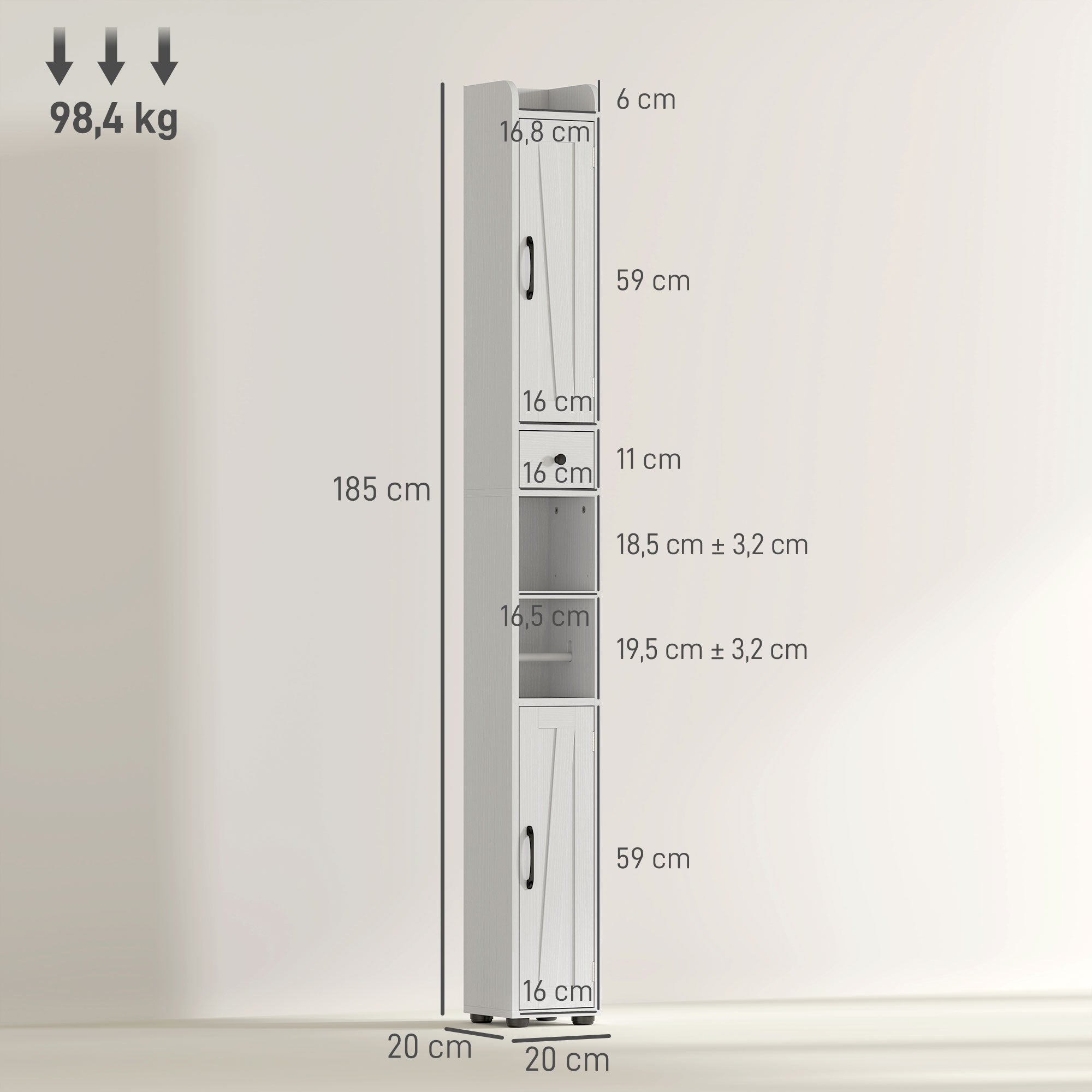 Armoire salle de bain haute, meuble de rangement colonne, 2 portes, tiroir, niches ouvertes, étagères réglables et porte-papier, meuble étroit pour toilette, petits espaces, 20x20x185cm, blanc