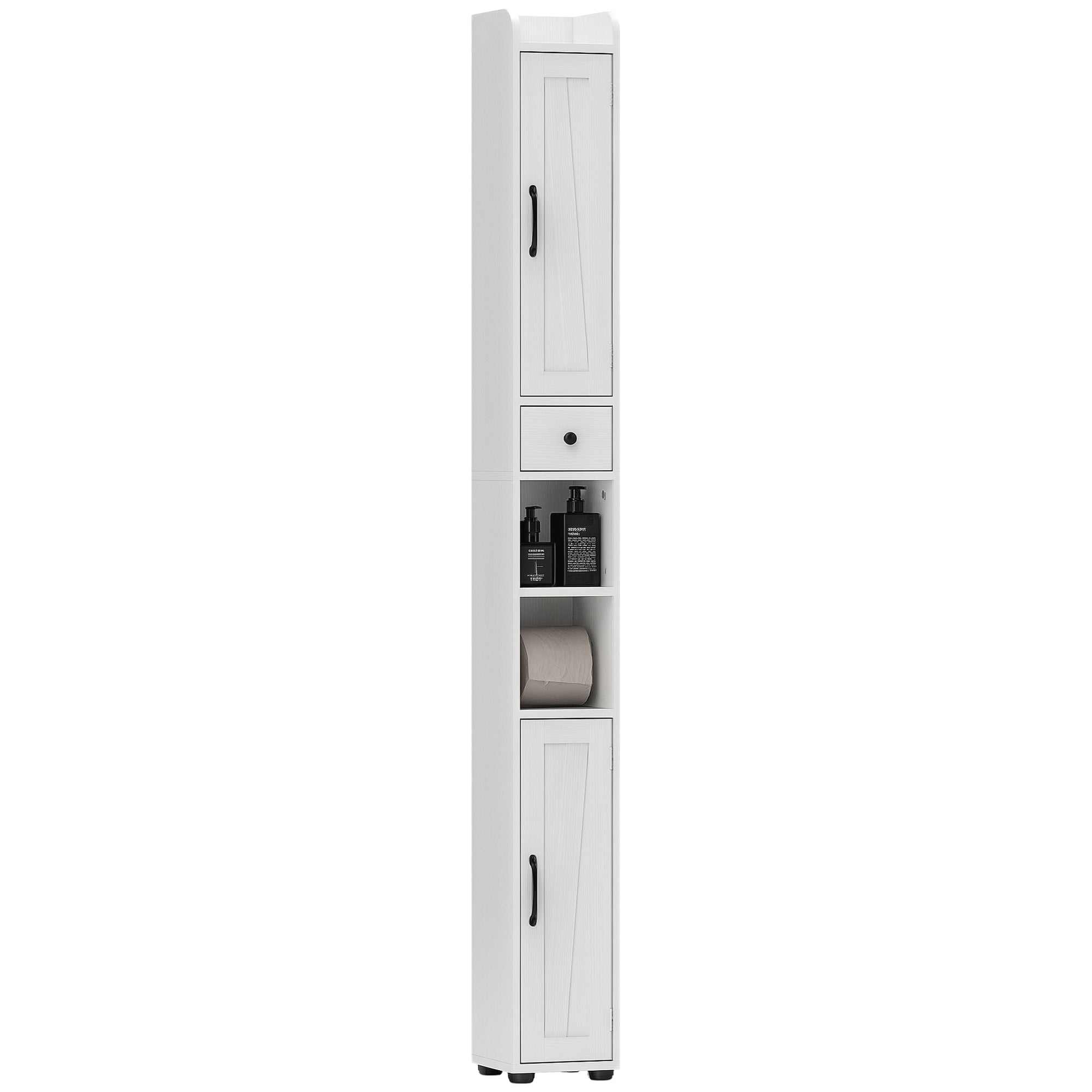 Armoire salle de bain haute, meuble de rangement colonne, 2 portes, tiroir, niches ouvertes, étagères réglables et porte-papier, meuble étroit pour toilette, petits espaces, 20x20x185cm, blanc