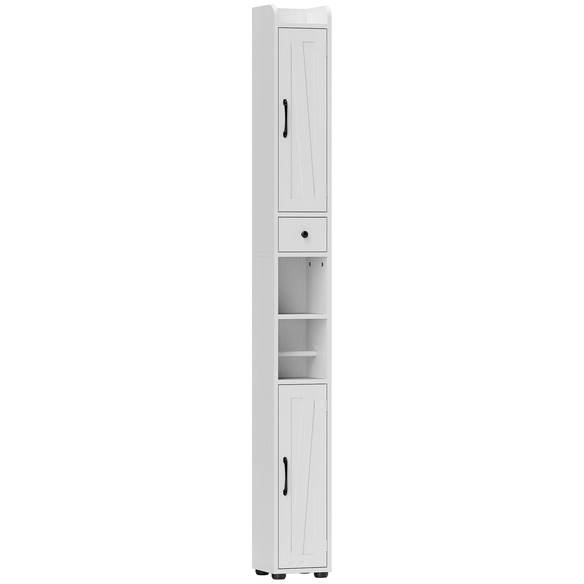 Armoire salle de bain haute, meuble de rangement colonne, 2 portes, tiroir, niches ouvertes, étagères réglables et porte-papier, meuble étroit pour toilette, petits espaces, 20x20x185cm, blanc