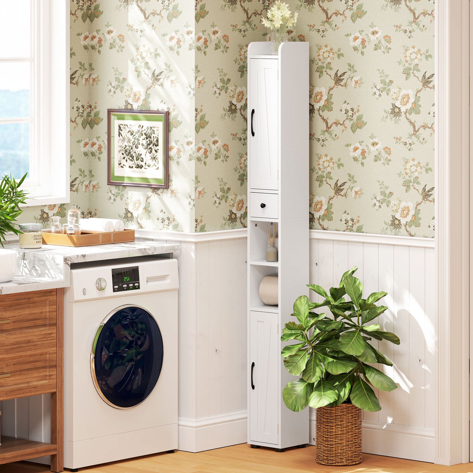 Armoire salle de bain haute, meuble de rangement colonne, 2 portes, tiroir, niches ouvertes, étagères réglables et porte-papier, meuble étroit pour toilette, petits espaces, 20x20x185cm, blanc