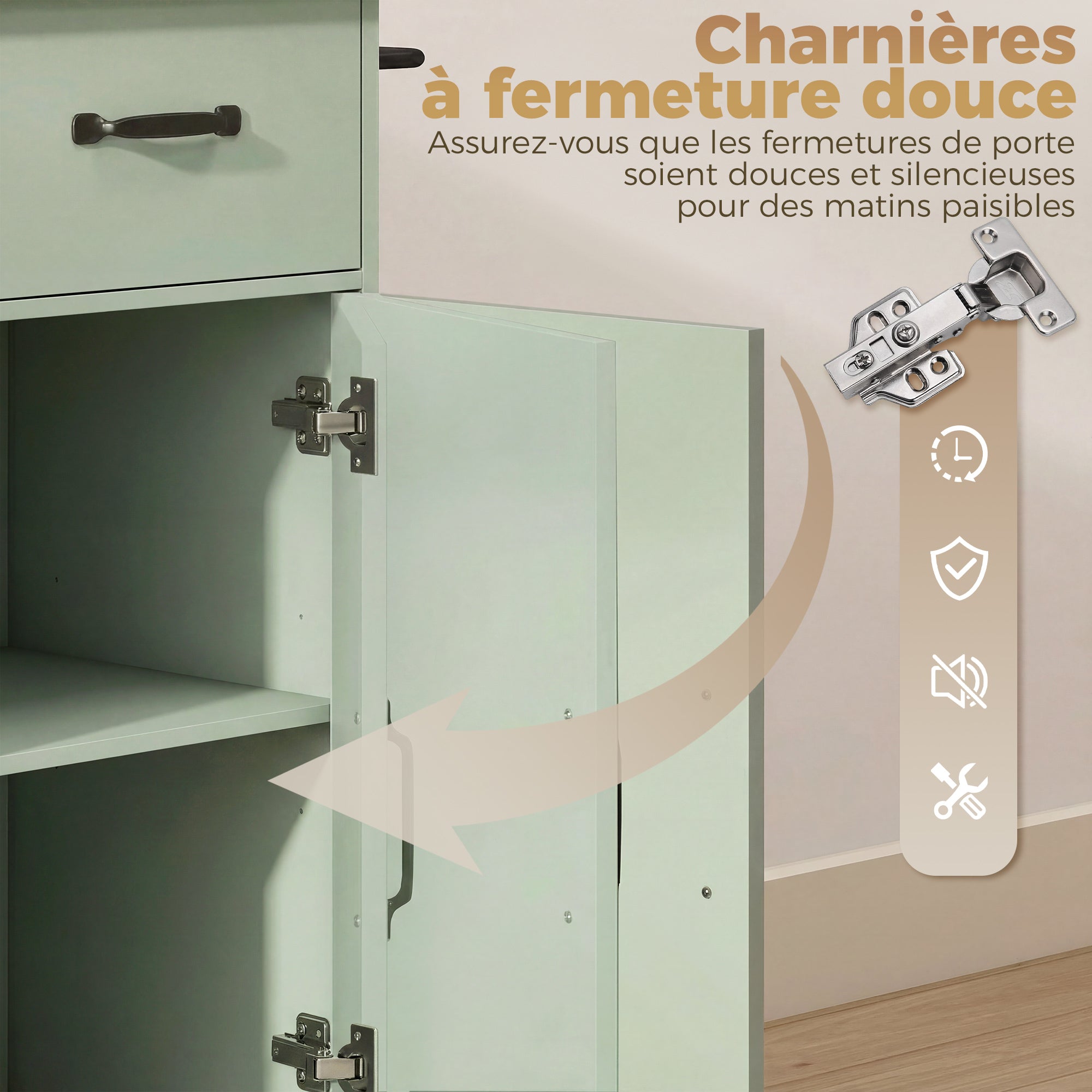 Desserte de cuisine à roulettes, îlot central cuisine avec tiroir, porte, compartiments ouverts, étagère réglable et porte-épices, chariot de rangement pour salle à manger, 96,5x38x87cm, vert