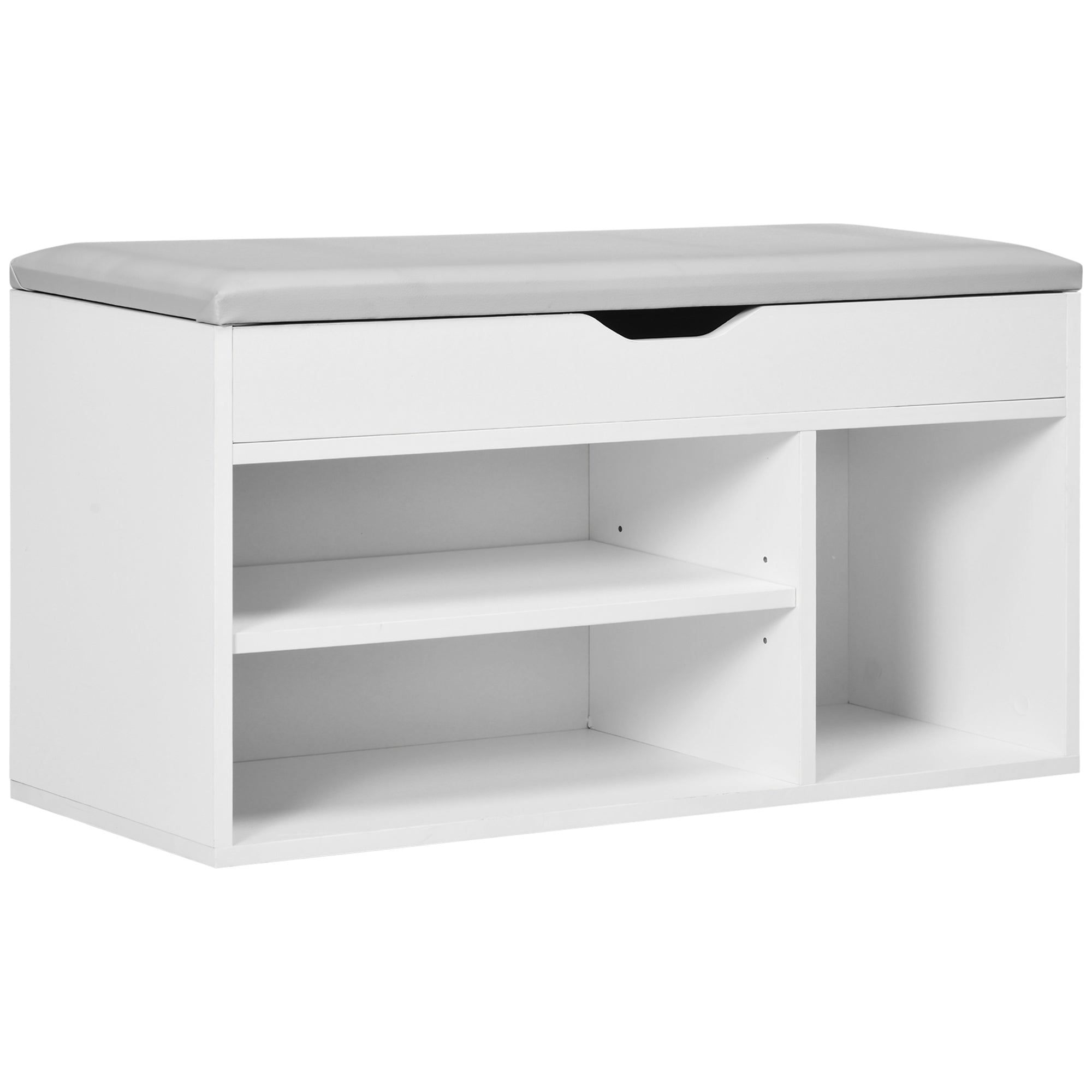 Meuble Chaussures Banc à Chaussures 2 Niveaux Rangement, Niche + Coffre intégré avec Coussin Blanc