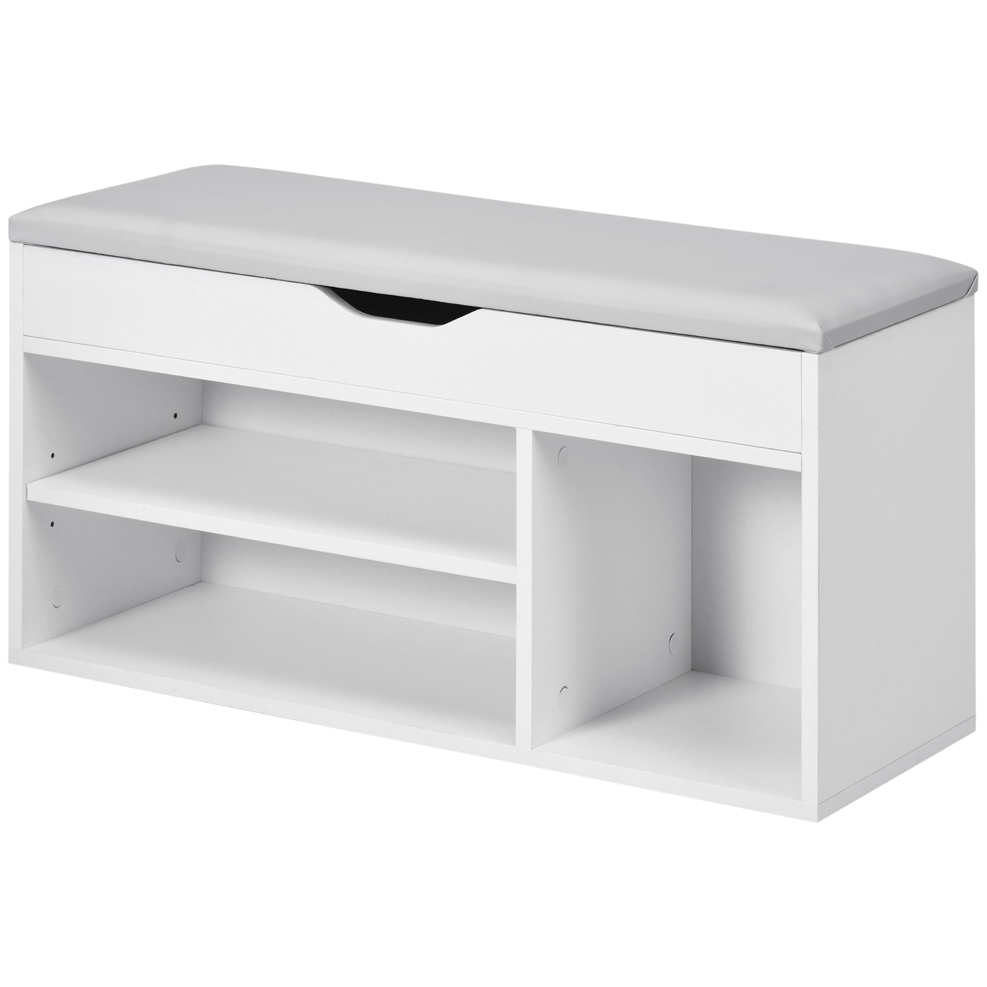 Meuble Chaussures Banc à Chaussures 2 Niveaux Rangement, Niche + Coffre intégré avec Coussin Blanc