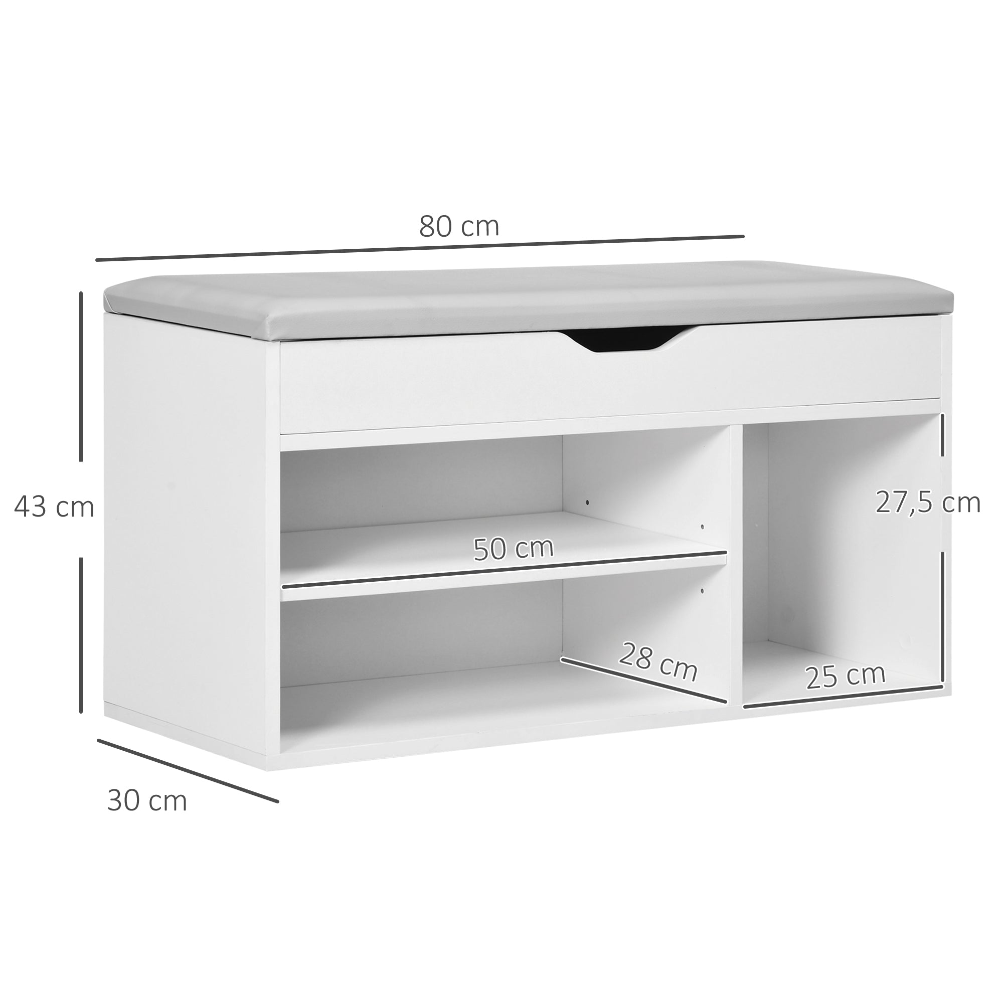 Meuble Chaussures Banc à Chaussures 2 Niveaux Rangement, Niche + Coffre intégré avec Coussin Blanc