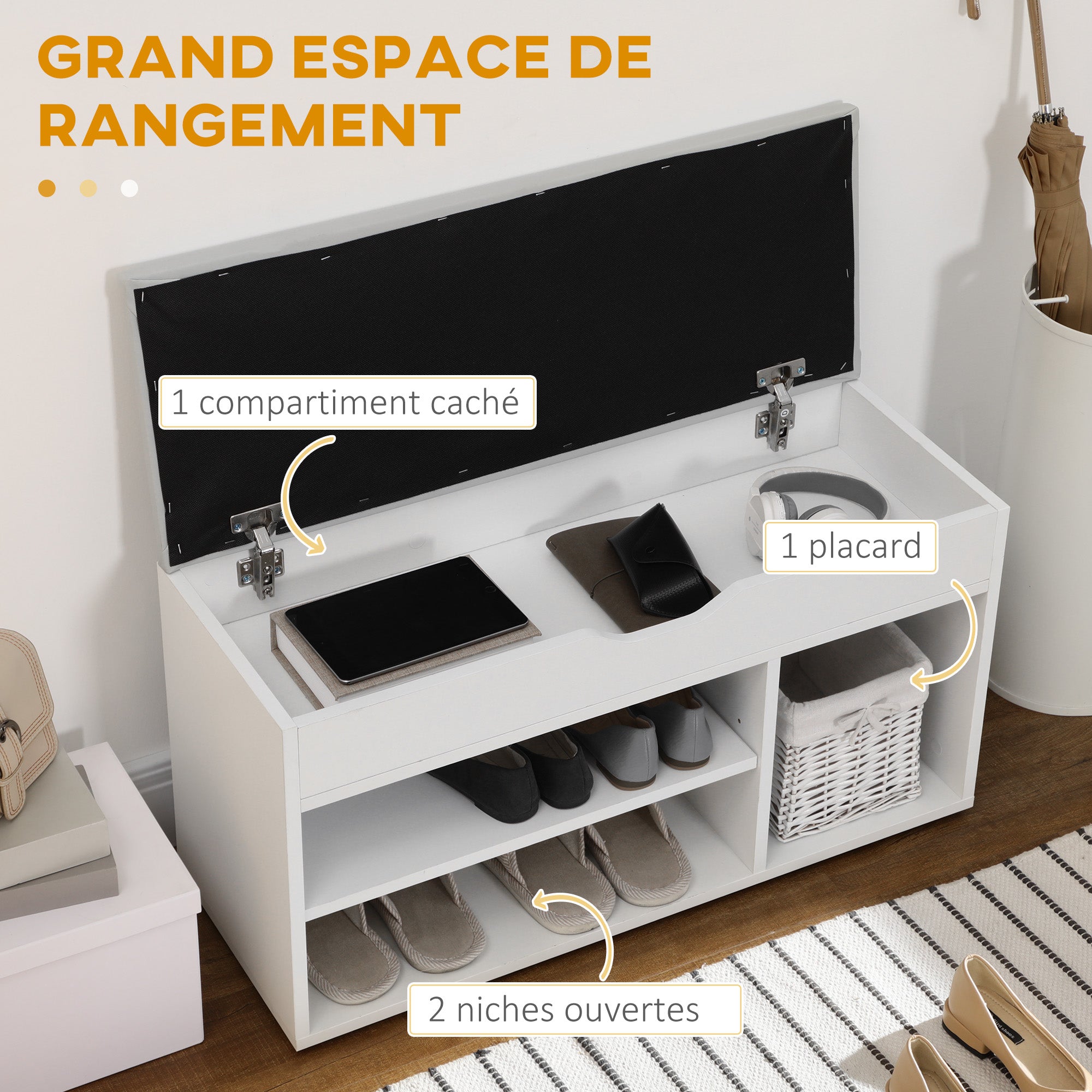 Meuble Chaussures Banc à Chaussures 2 Niveaux Rangement, Niche + Coffre intégré avec Coussin Blanc