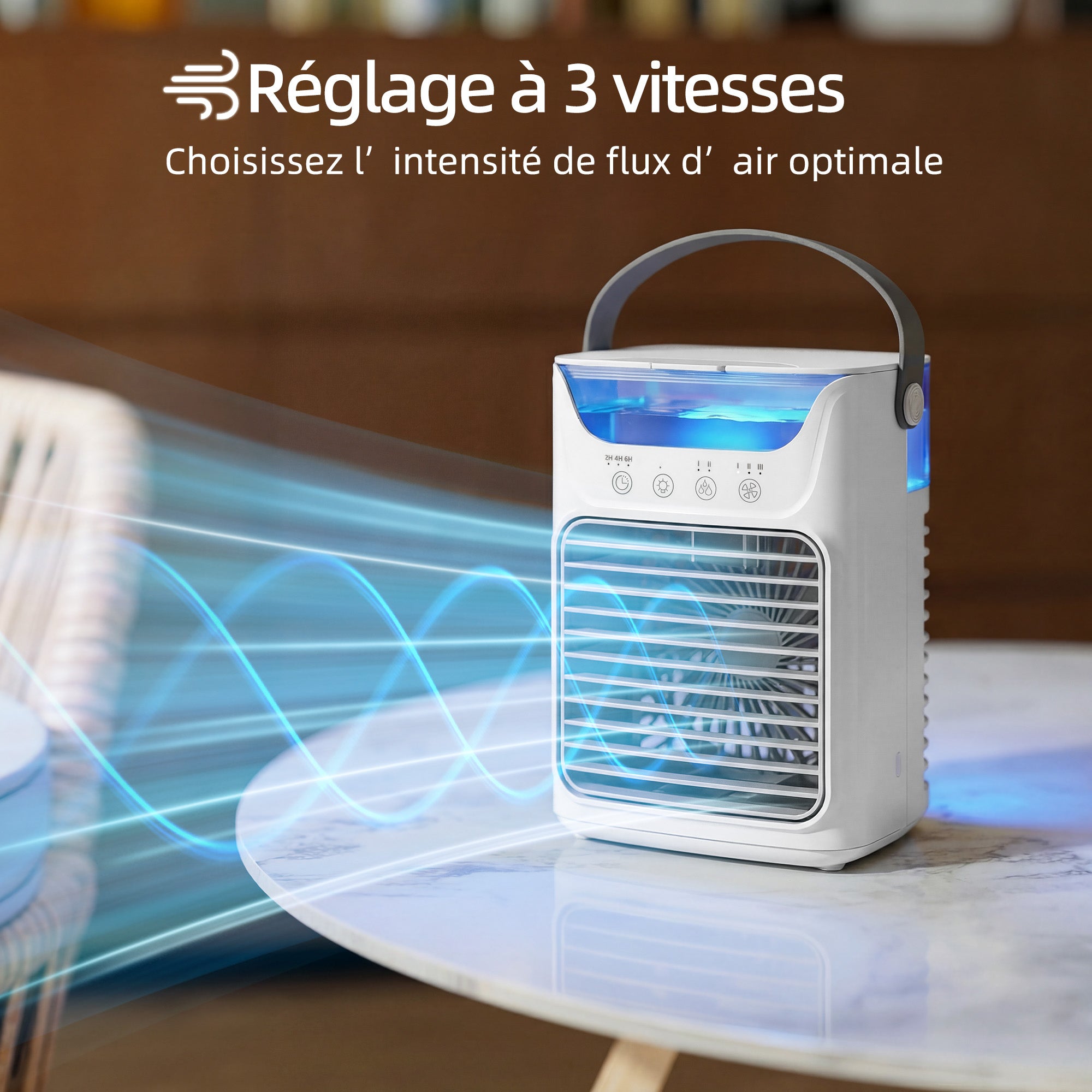 Ventilateur de table avec lumière RGB, ventilateur de bureau avec tête orientable, 3 vitesses, réservoir d'eau de 700 ml, pour chambre, dortoir et bureau, blanc