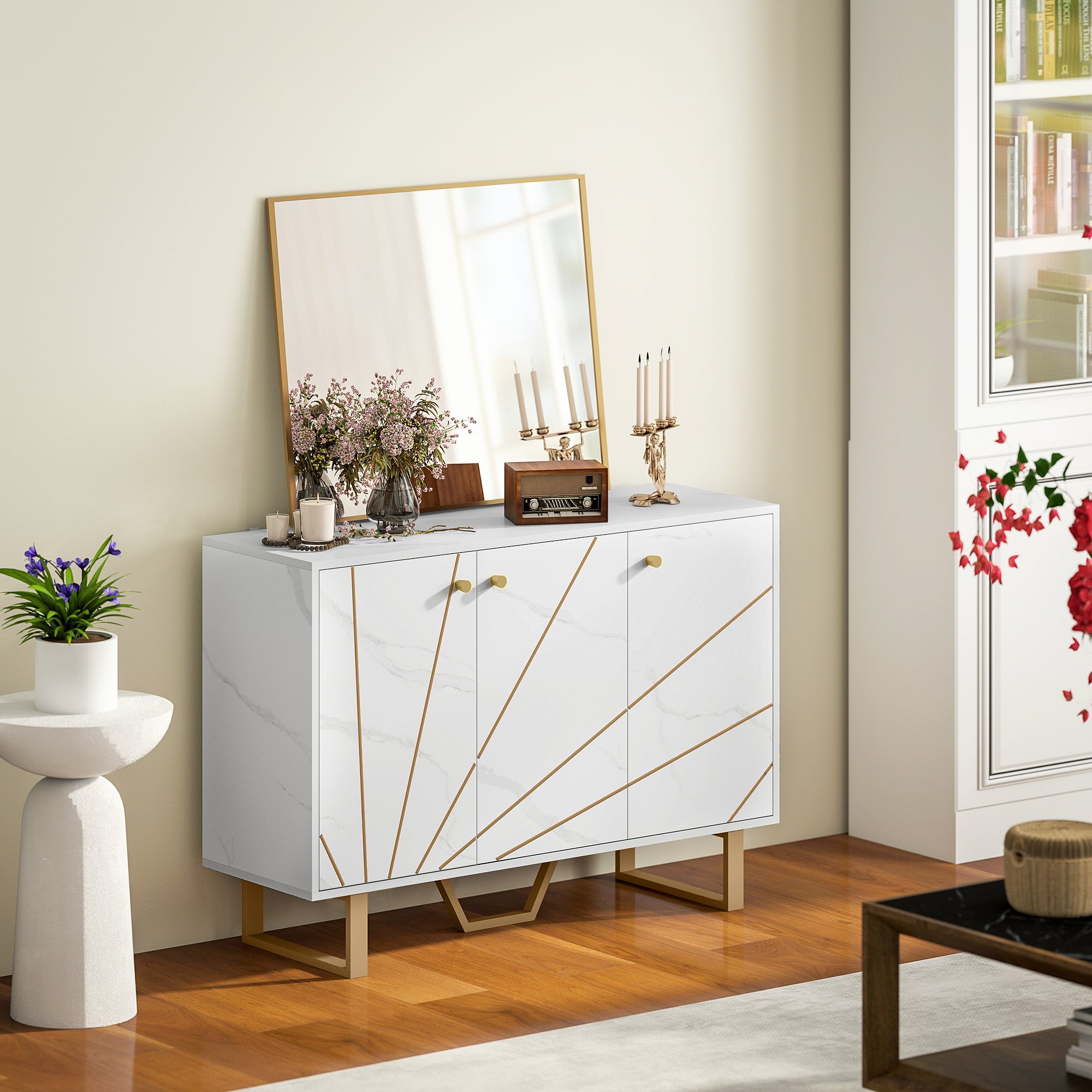 Meuble de rangement buffet salon avec 2 placards 3 portes et étagère réglable, pieds en métal - dim. 107L x 35l x 75H cm, aspect marbre blanc
