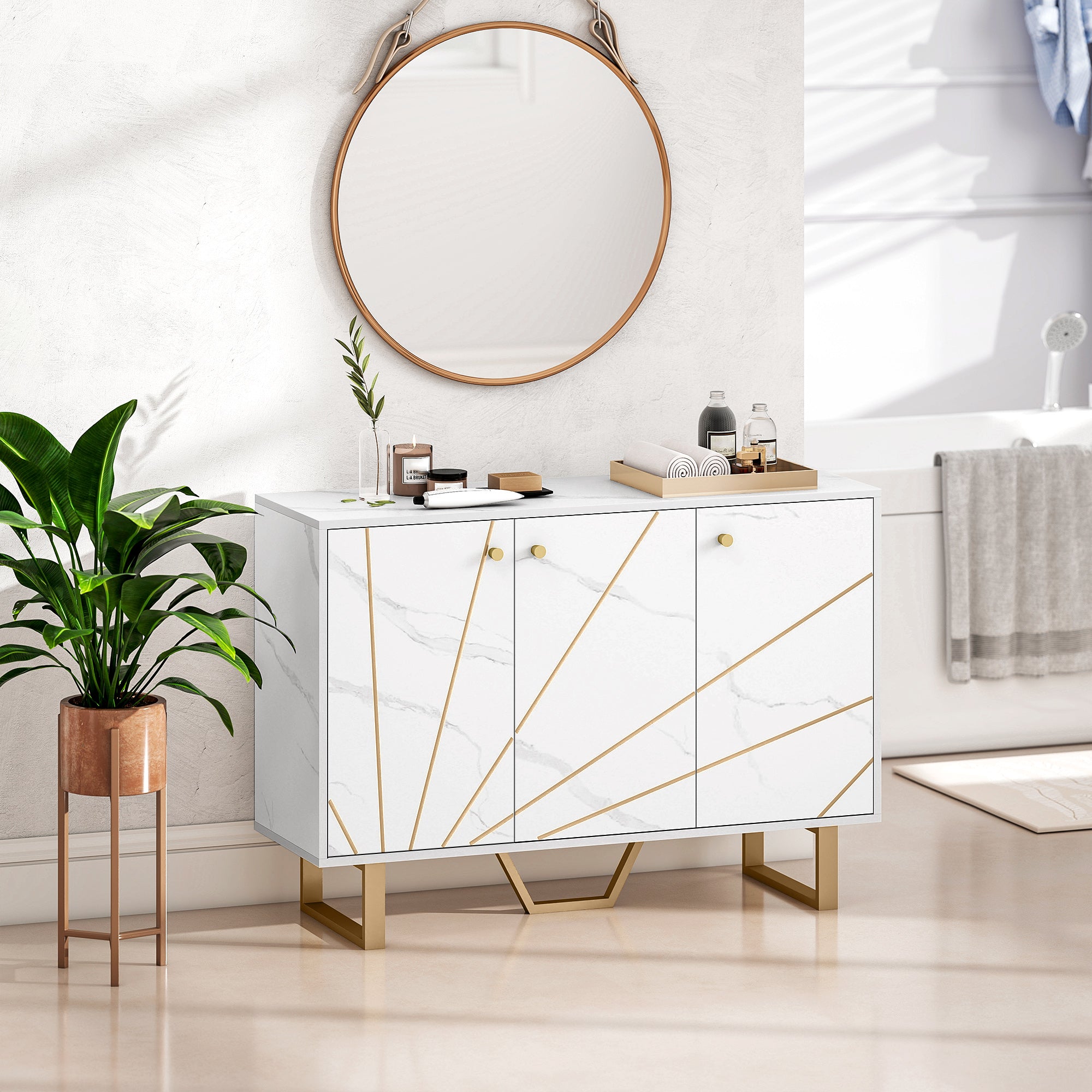 Meuble de rangement buffet salon avec 2 placards 3 portes et étagère réglable, pieds en métal - dim. 107L x 35l x 75H cm, aspect marbre blanc