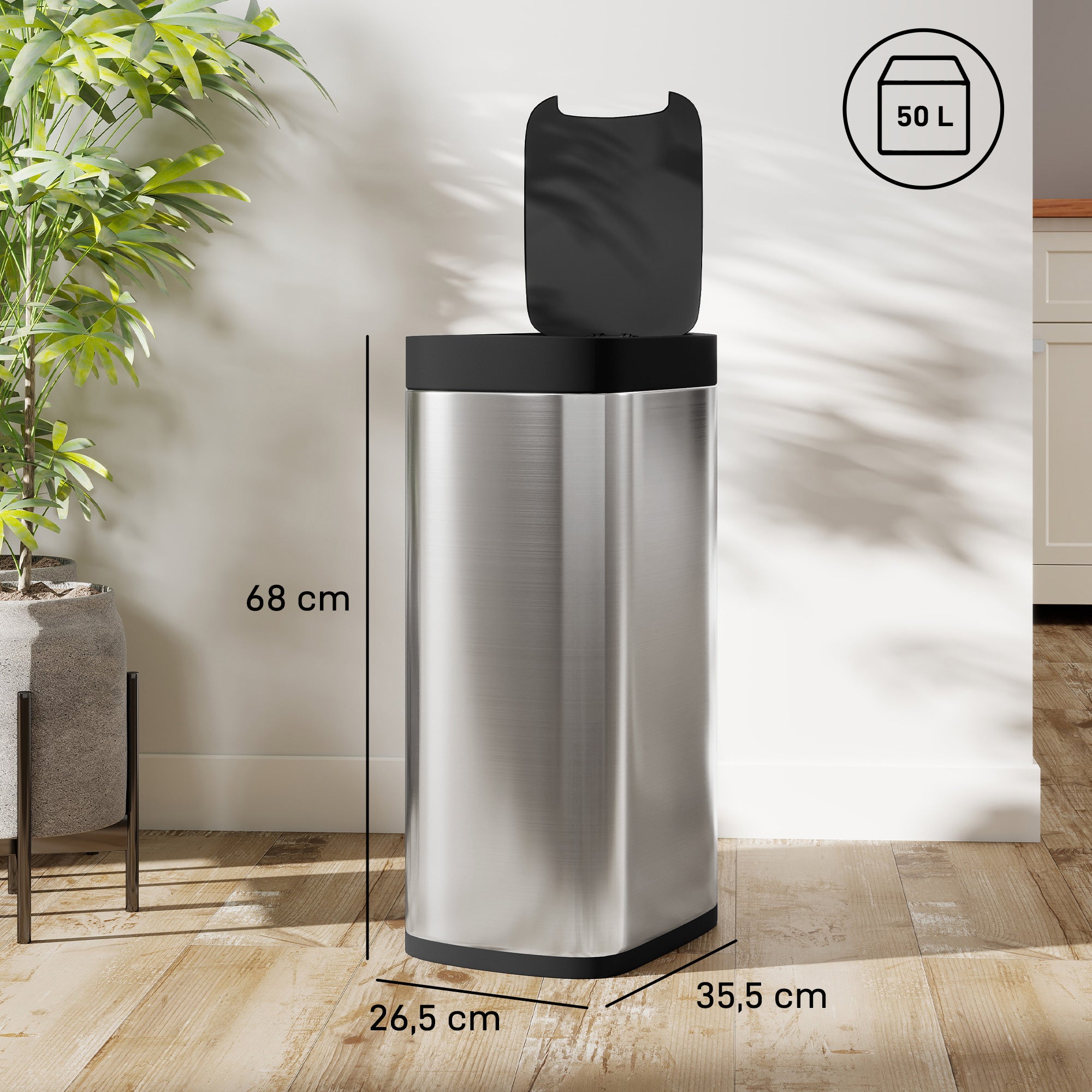 Poubelle de Cuisine Automatique 50L, Poubelle à Capteur de Mouvement sans Contact, Résistant aux Empreintes Digitales, sans Bac Intérieur, Fonctionne sur Piles, Argent